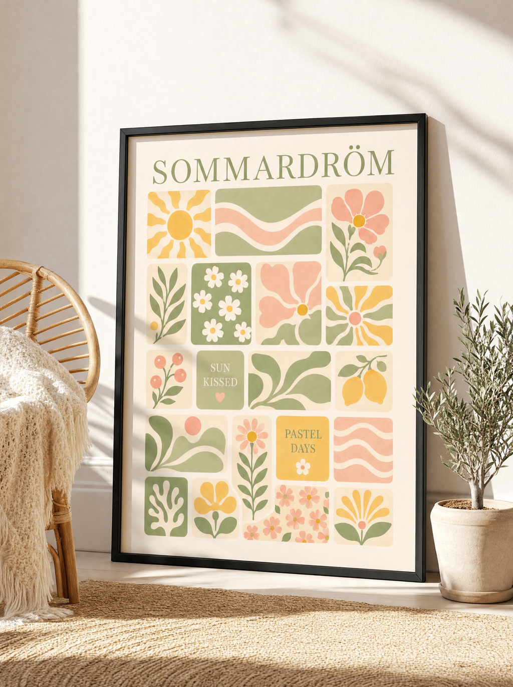Sommardröm poster i svart ram golvlutad vid rottingstol