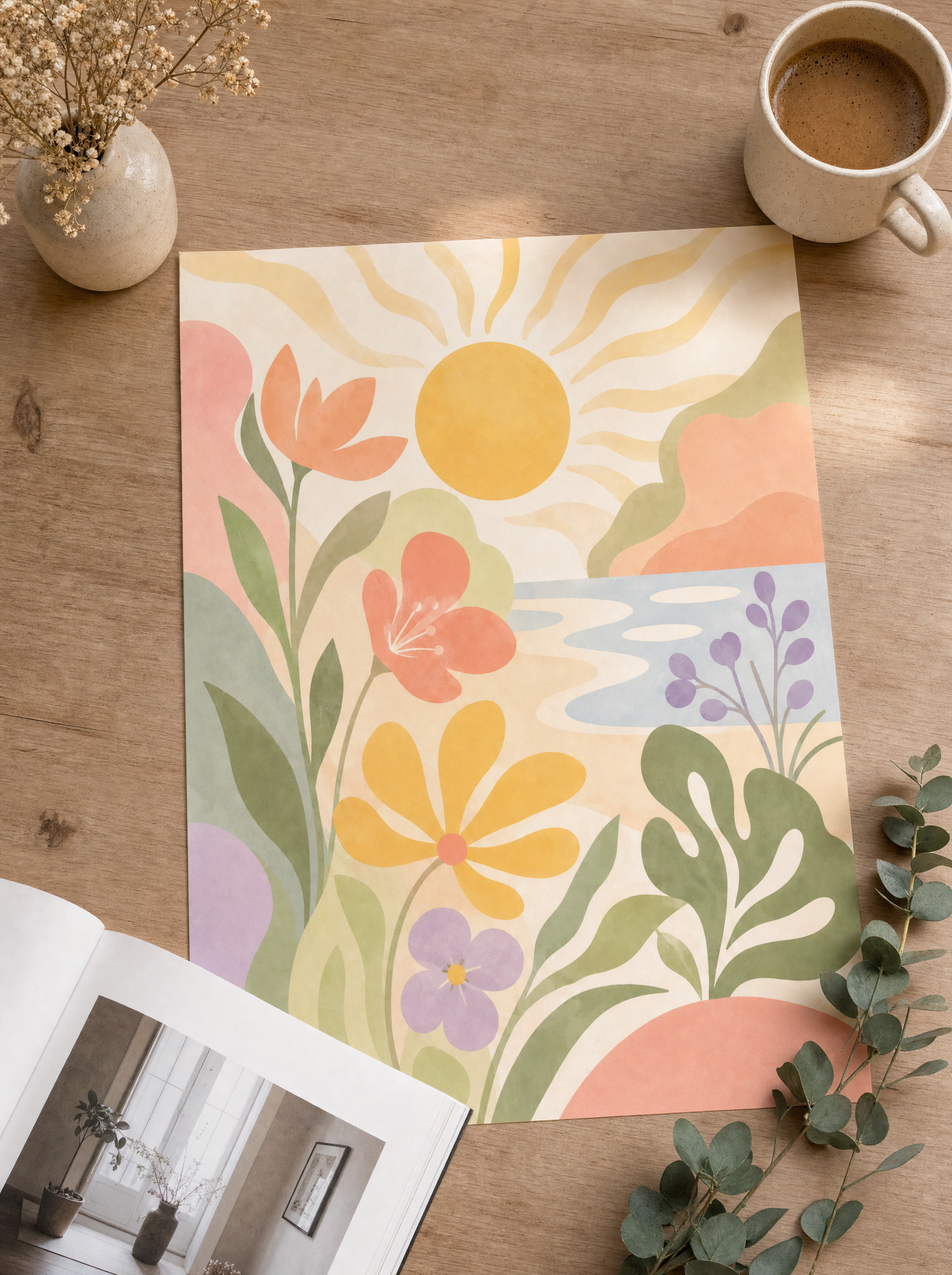 Pastell Solnedgång poster som löst tryck i flat-lay