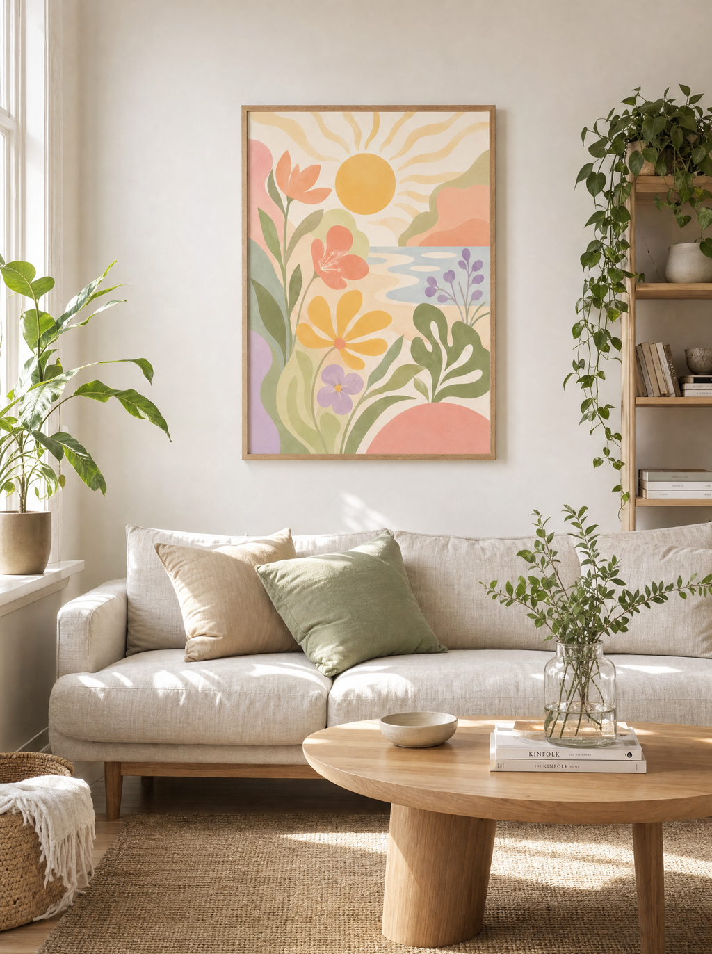 Pastell Solnedgång poster i ekram upphängd i ljust vardagsrum