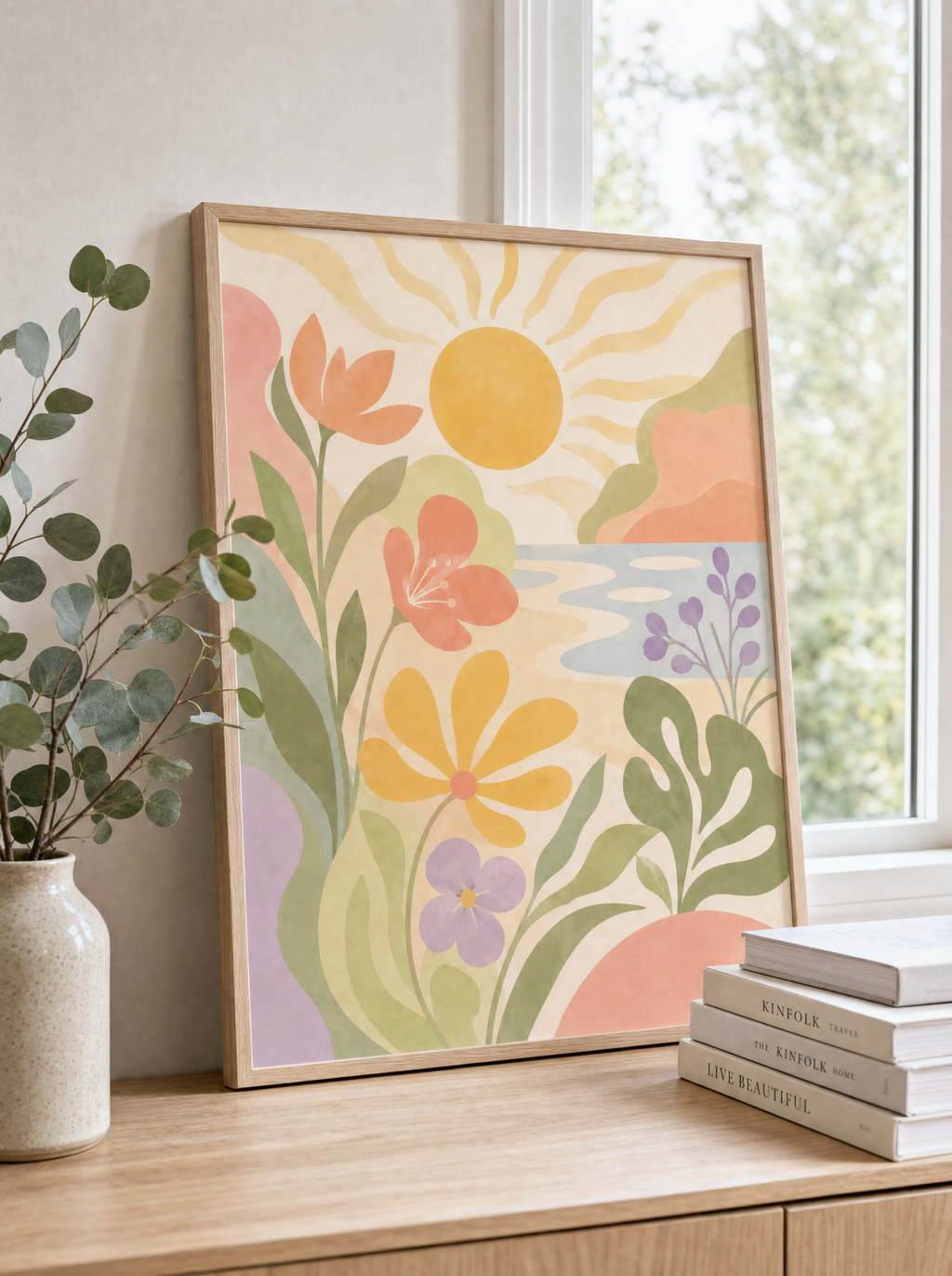 Pastell Solnedgång poster i ekram lutad på byrå vid fönster