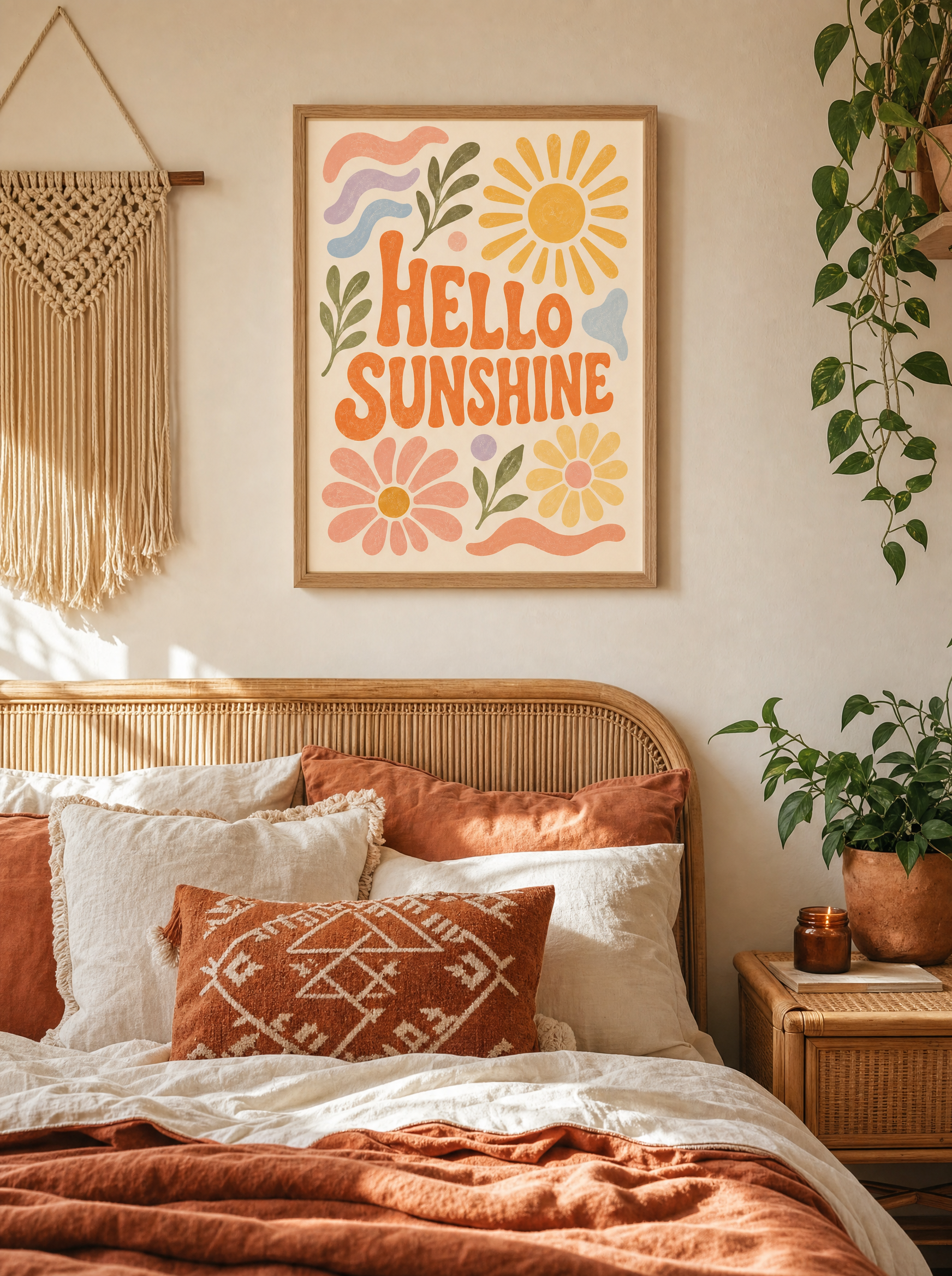 Hello Sunshine poster i ekram ovanför sängen i boho-sovrum