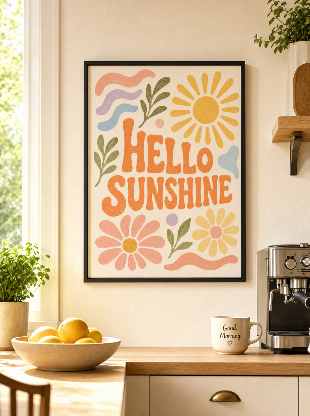 Hello Sunshine poster i svart ram i soligt frukosthörn
