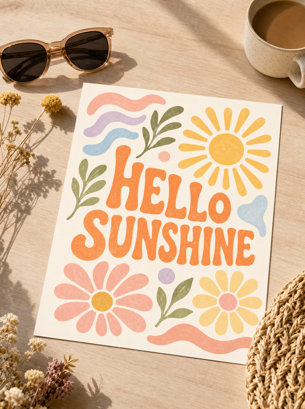 Hello Sunshine poster som löst tryck i flat-lay