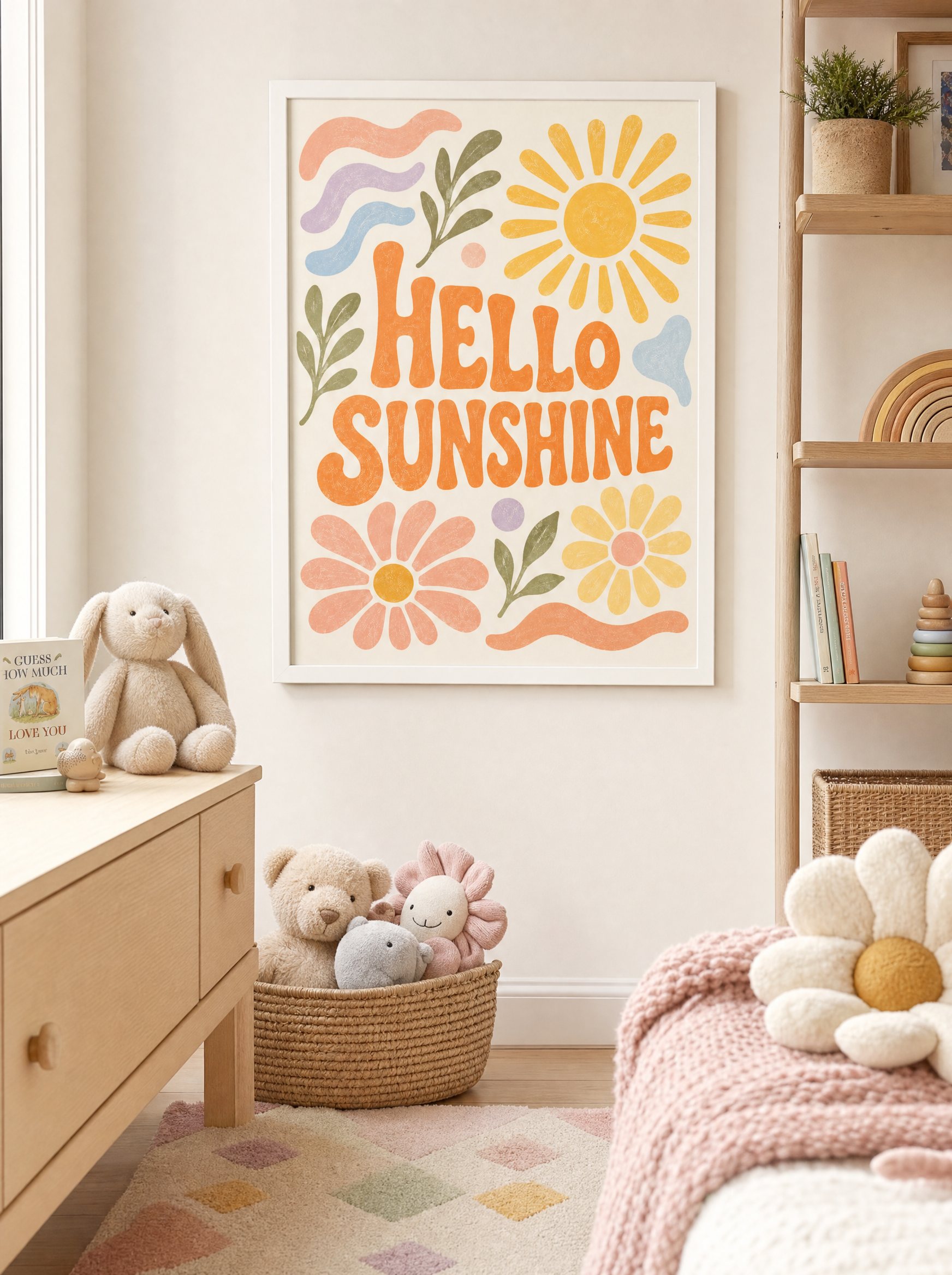 Hello Sunshine poster i vit ram i barnrum