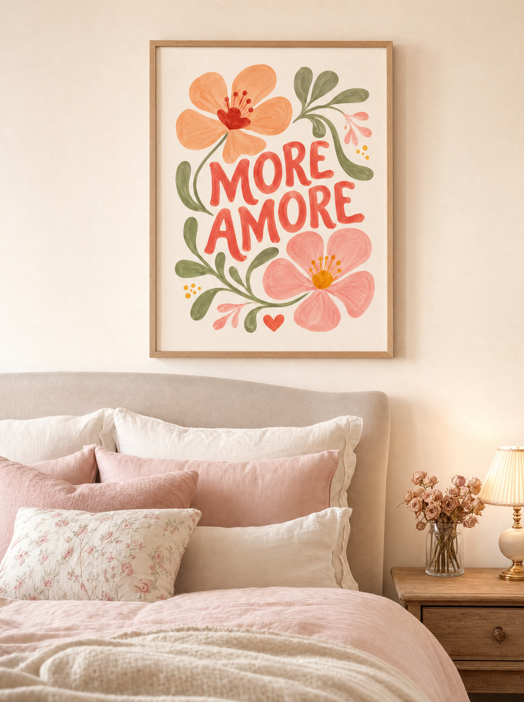More Amore poster i ekram ovanför sängen i romantiskt sovrum