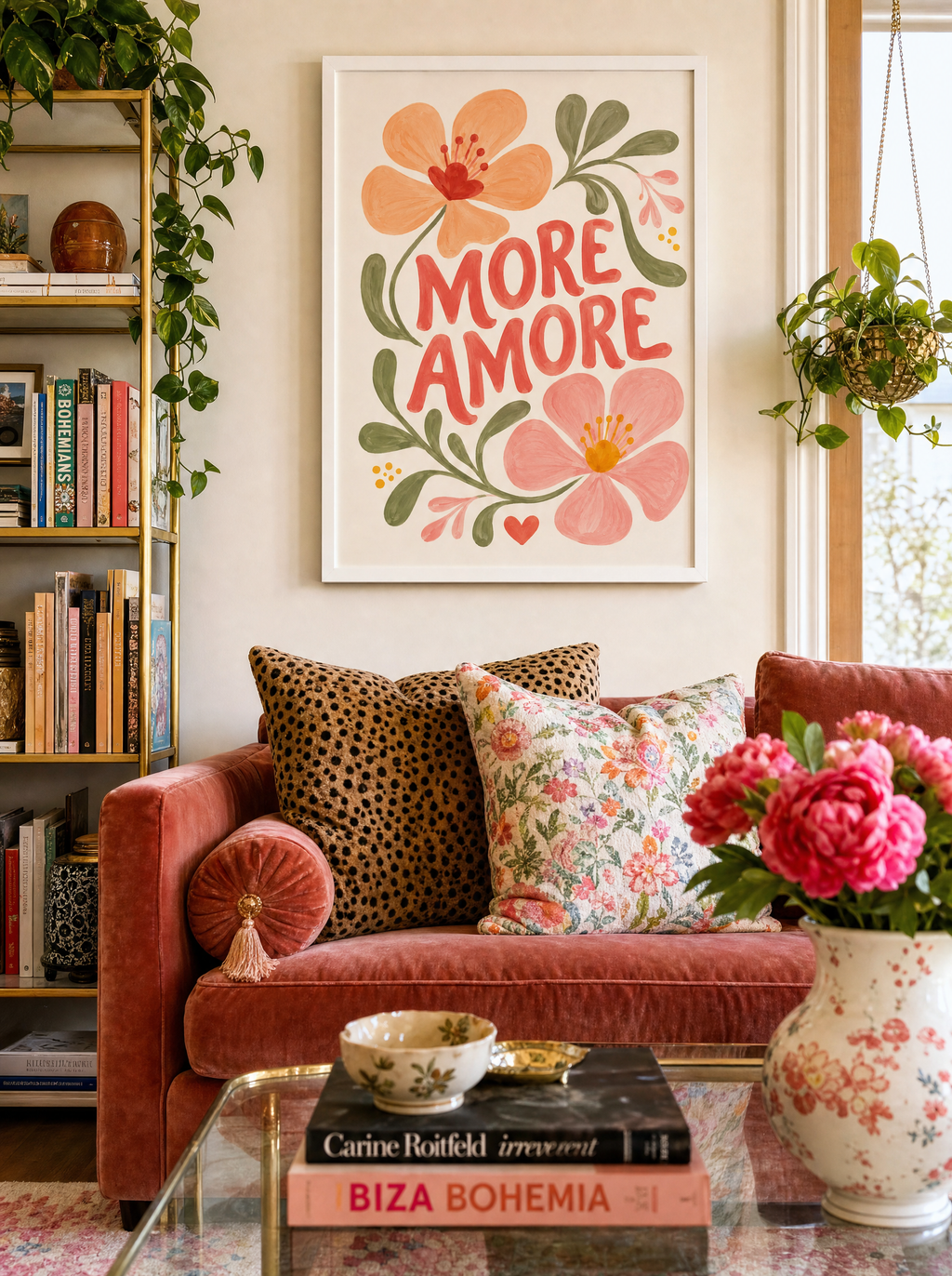 More Amore poster i vit ram i feminint vardagsrum
