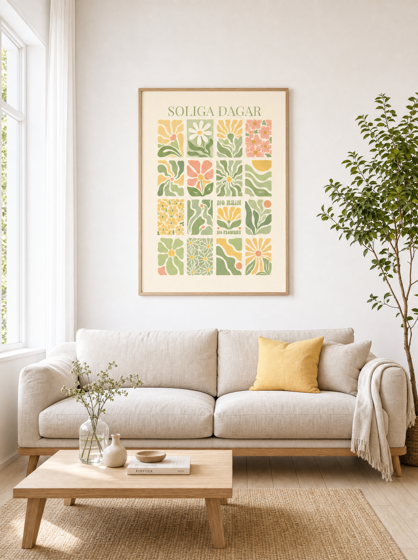 Soliga Dagar poster i ekram ovanför soffa i vardagsrum