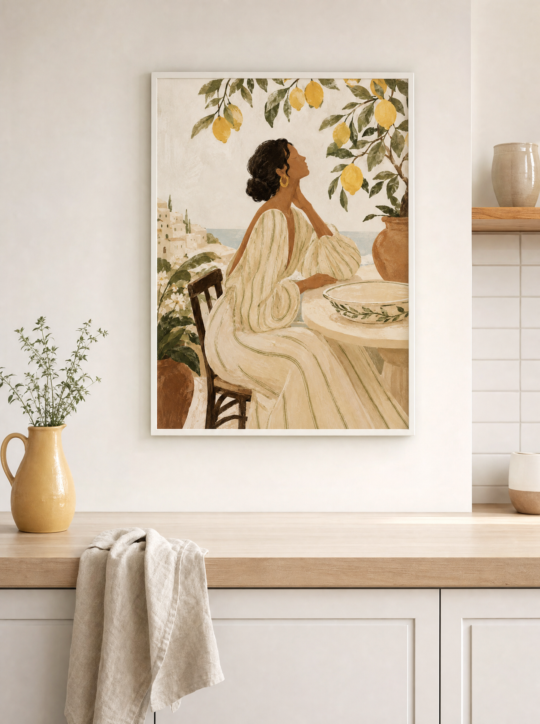 Eftermiddag i Amalfi poster i vit ram i ljust kök