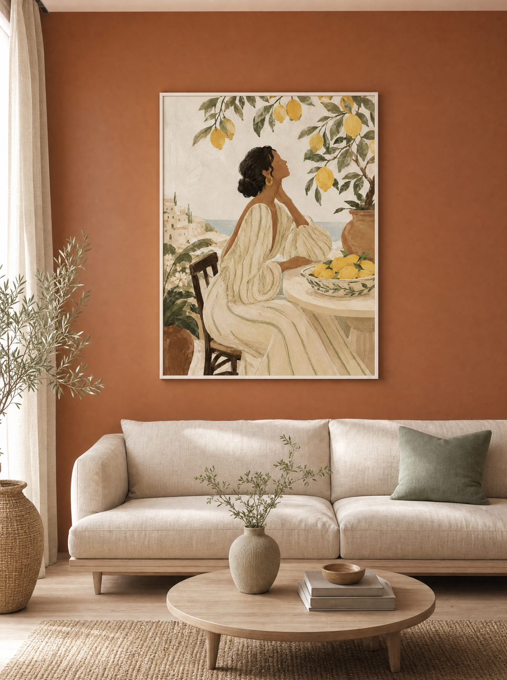 Eftermiddag i Amalfi poster ovanför soffa mot terrakottavägg, visar skala