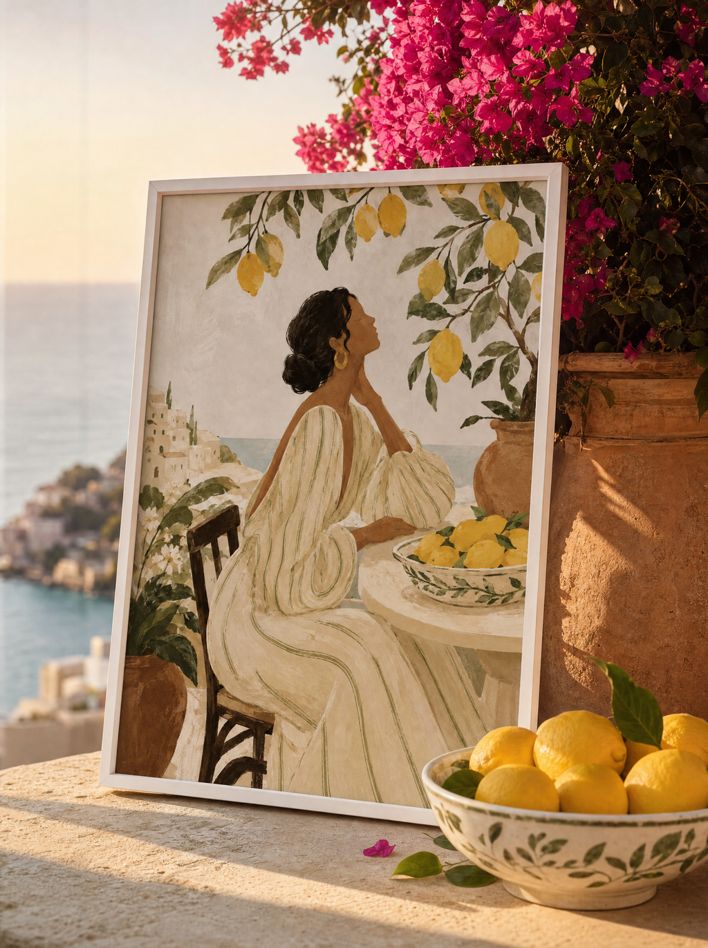 Eftermiddag i Amalfi poster lutad på medelhavsterrass i golden hour (ad-bild)