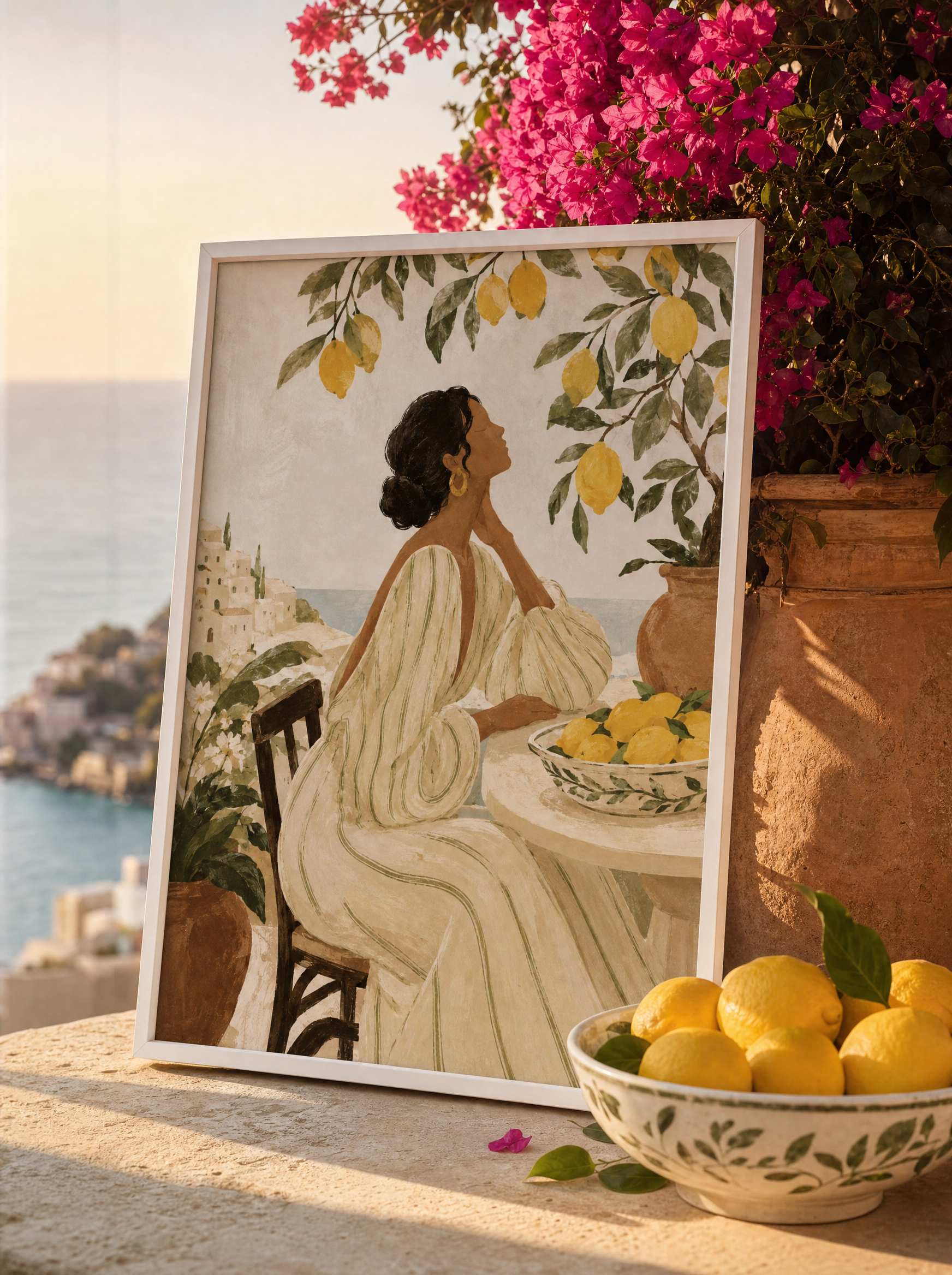 Eftermiddag i Amalfi poster lutad på medelhavsterrass i golden hour (ad-bild)