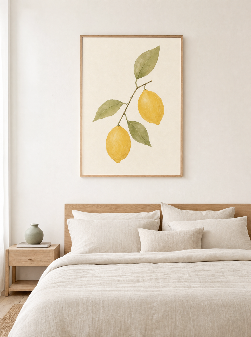 Citrongren Akvarell poster i ekram ovanför sängen i sovrum