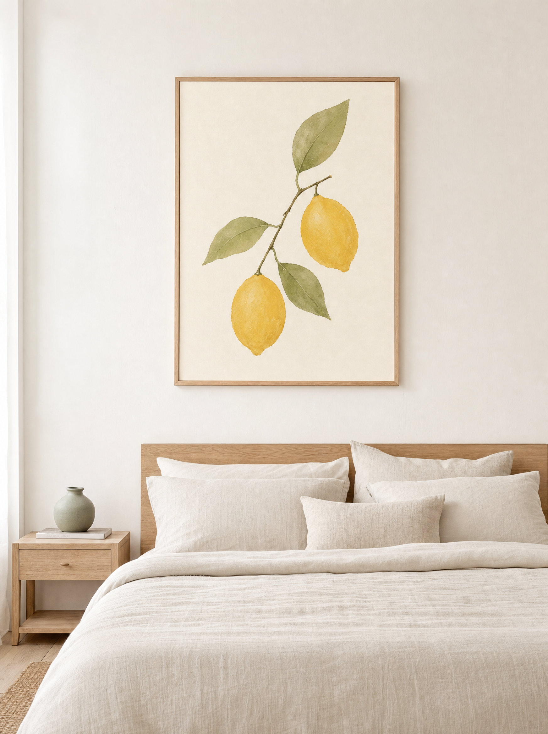 Citrongren Akvarell poster i ekram ovanför sängen i sovrum