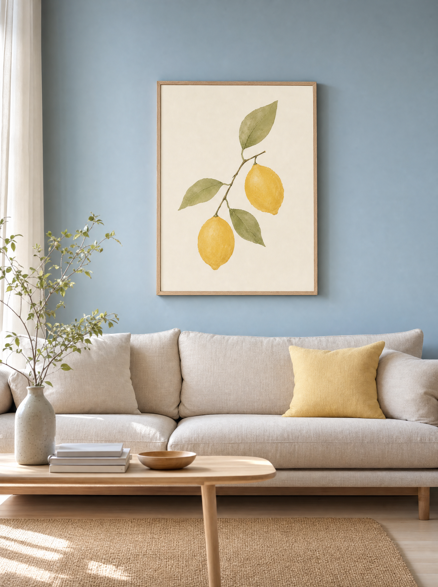 Citrongren Akvarell poster ovanför soffa mot dammig blå vägg, visar skala