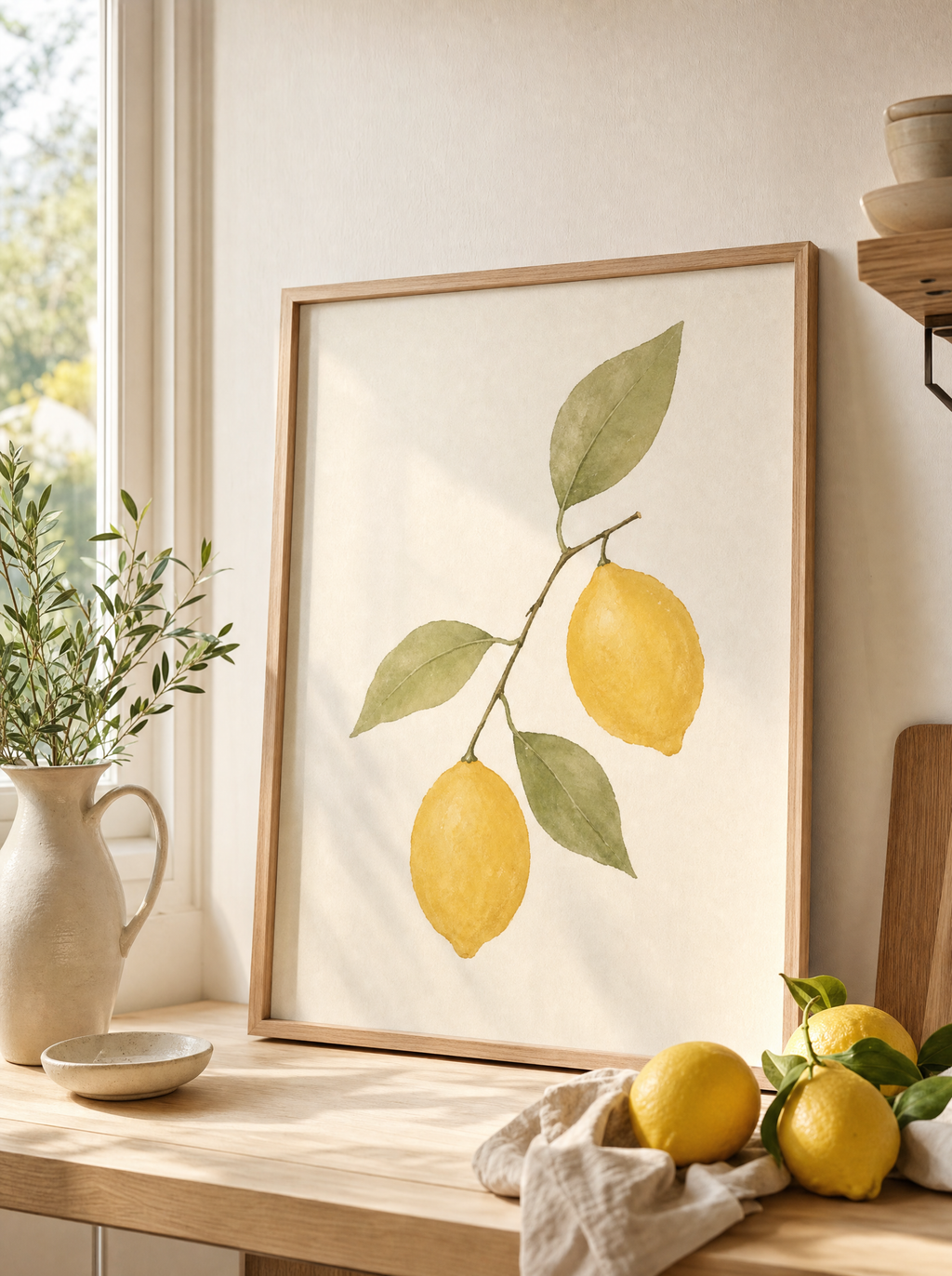 Citrongren Akvarell poster lutad i soligt kök med citroner (ad-bild)