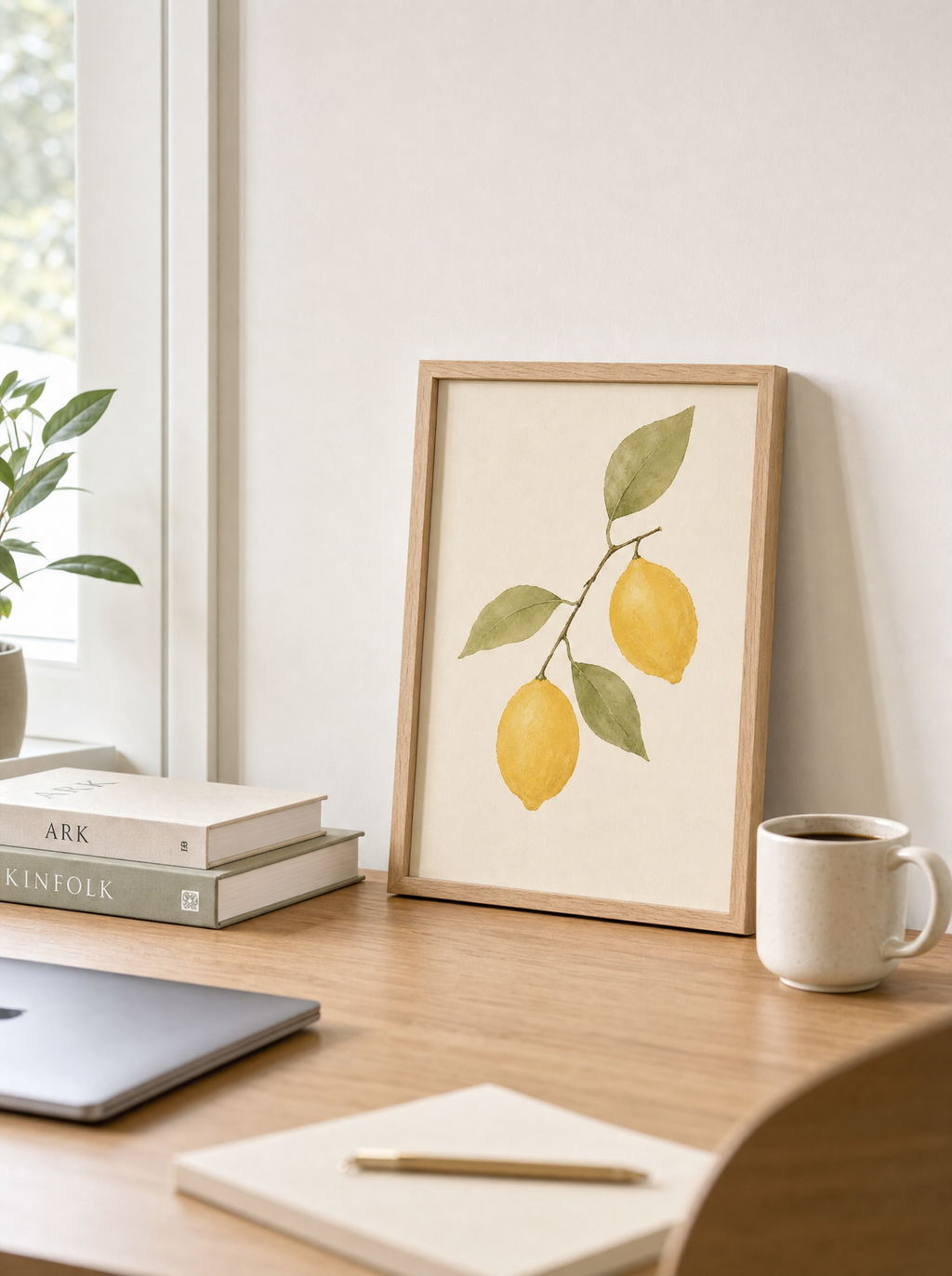Citrongren Akvarell poster i liten 30x40 på skrivbord