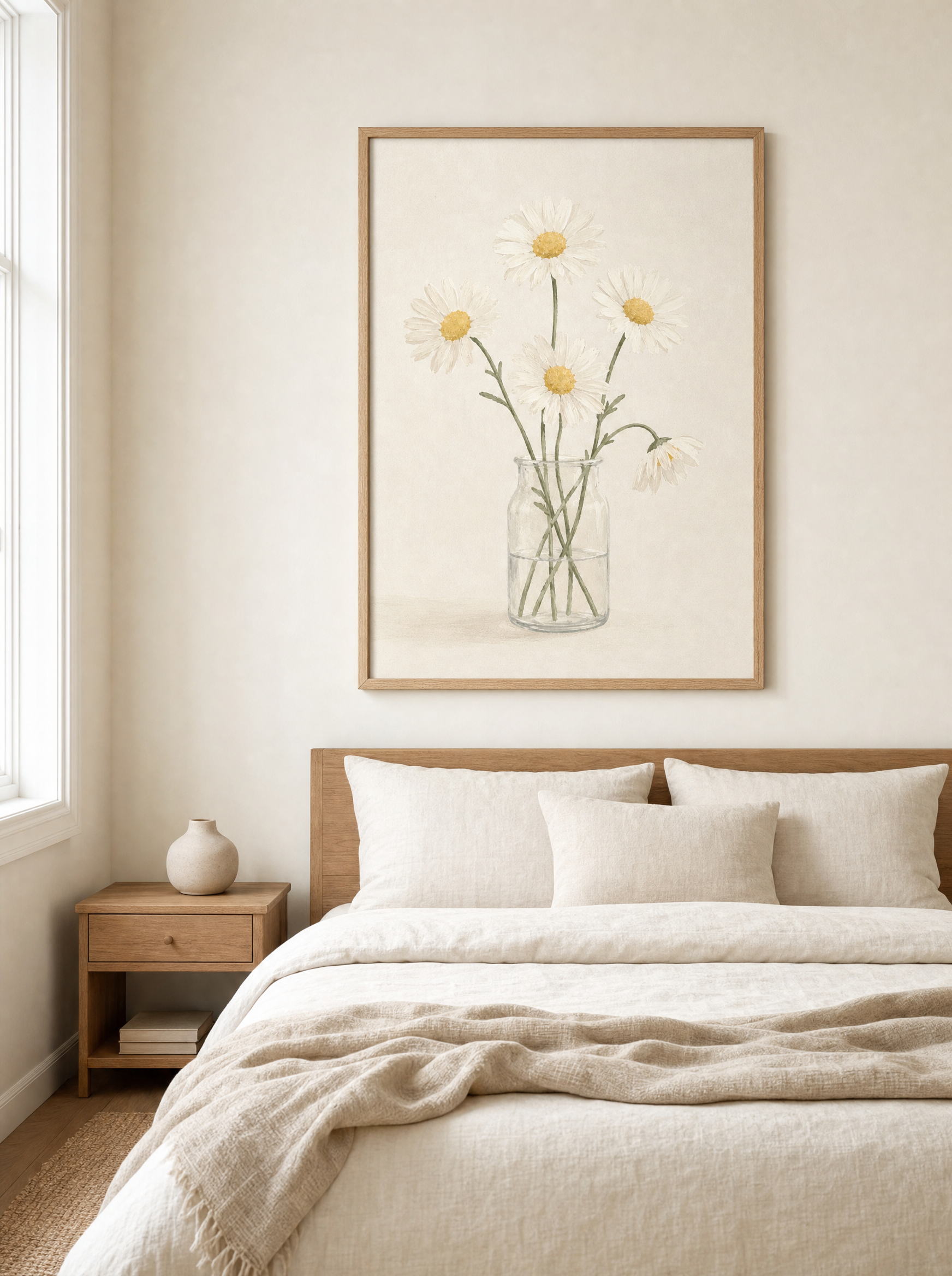 Prästkragar i Vas poster i ekram ovanför sängen i sovrum