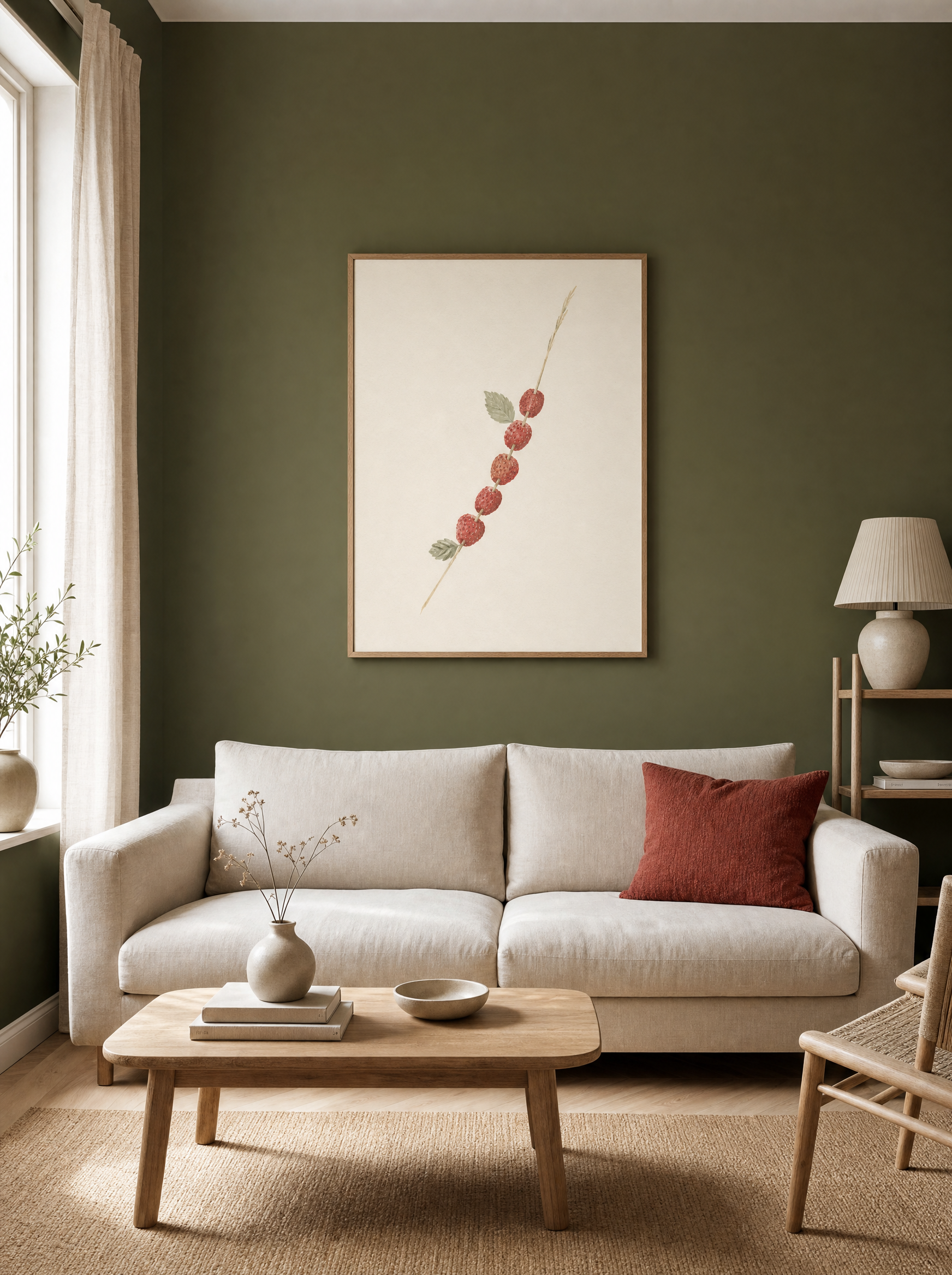 Smultronstrå poster ovanför soffa mot olivgrön vägg, visar skala