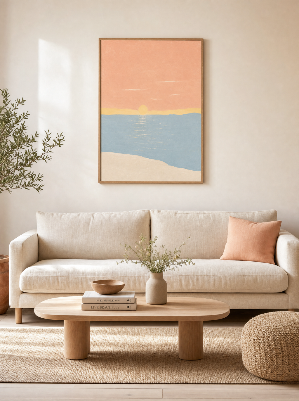 Solnedgång vid Havet poster i stort format ovanför soffa i vardagsrum