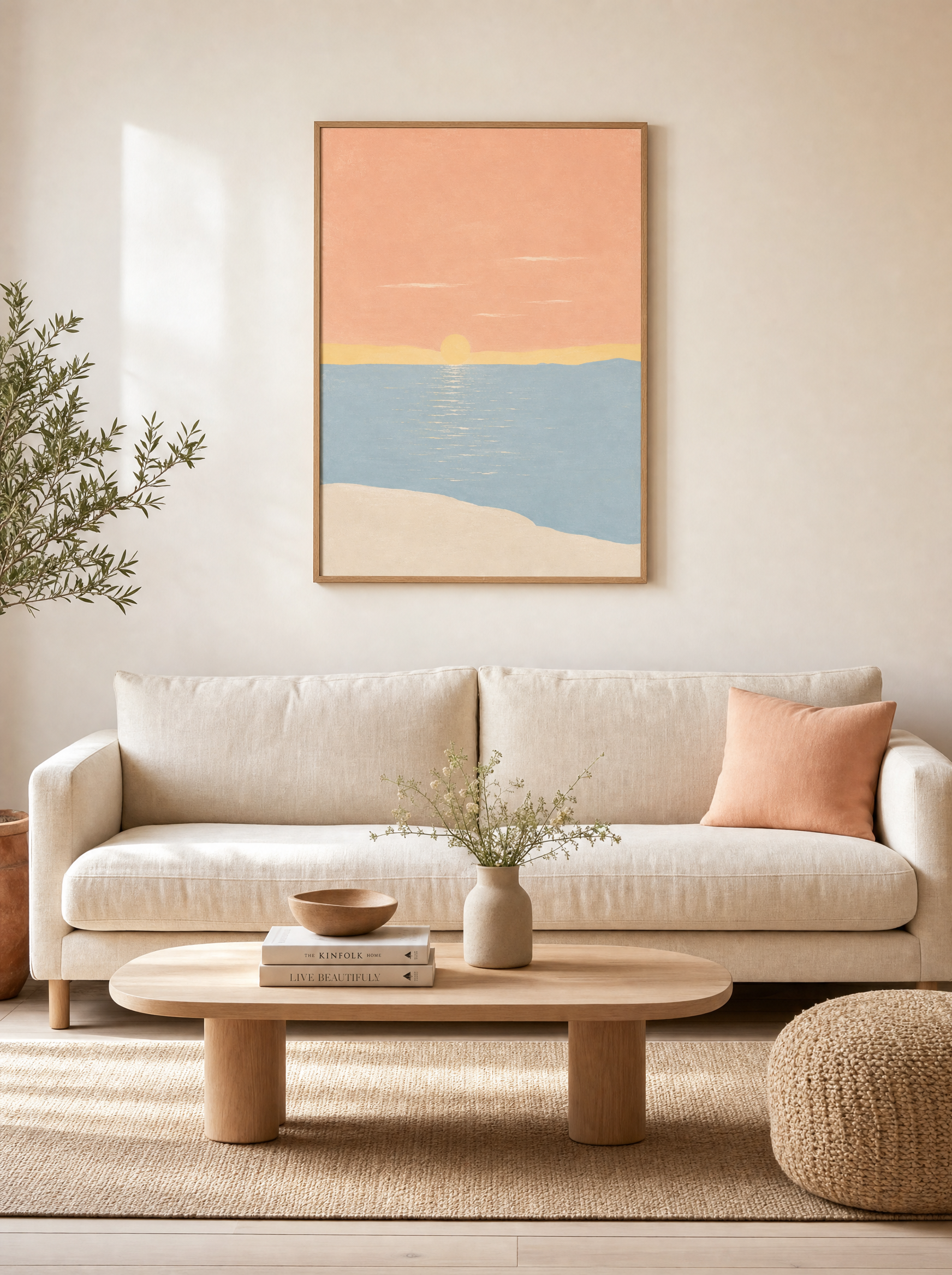 Solnedgång vid Havet poster i stort format ovanför soffa i vardagsrum