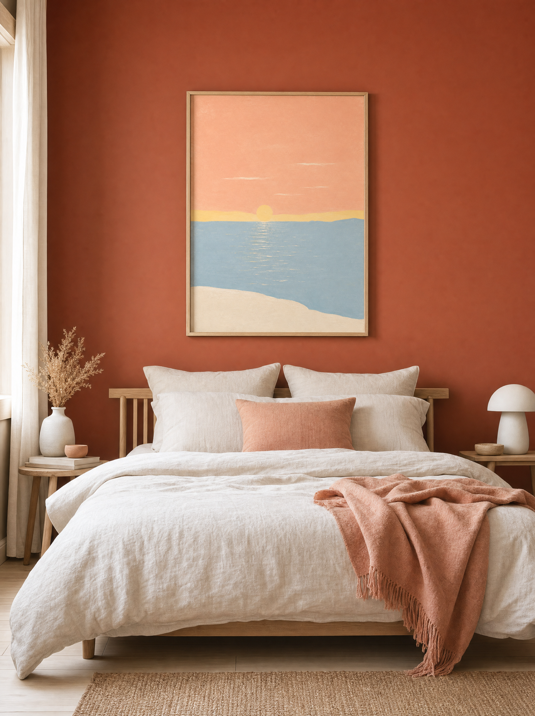 Solnedgång vid Havet poster ovanför sängen mot terrakottavägg, visar skala