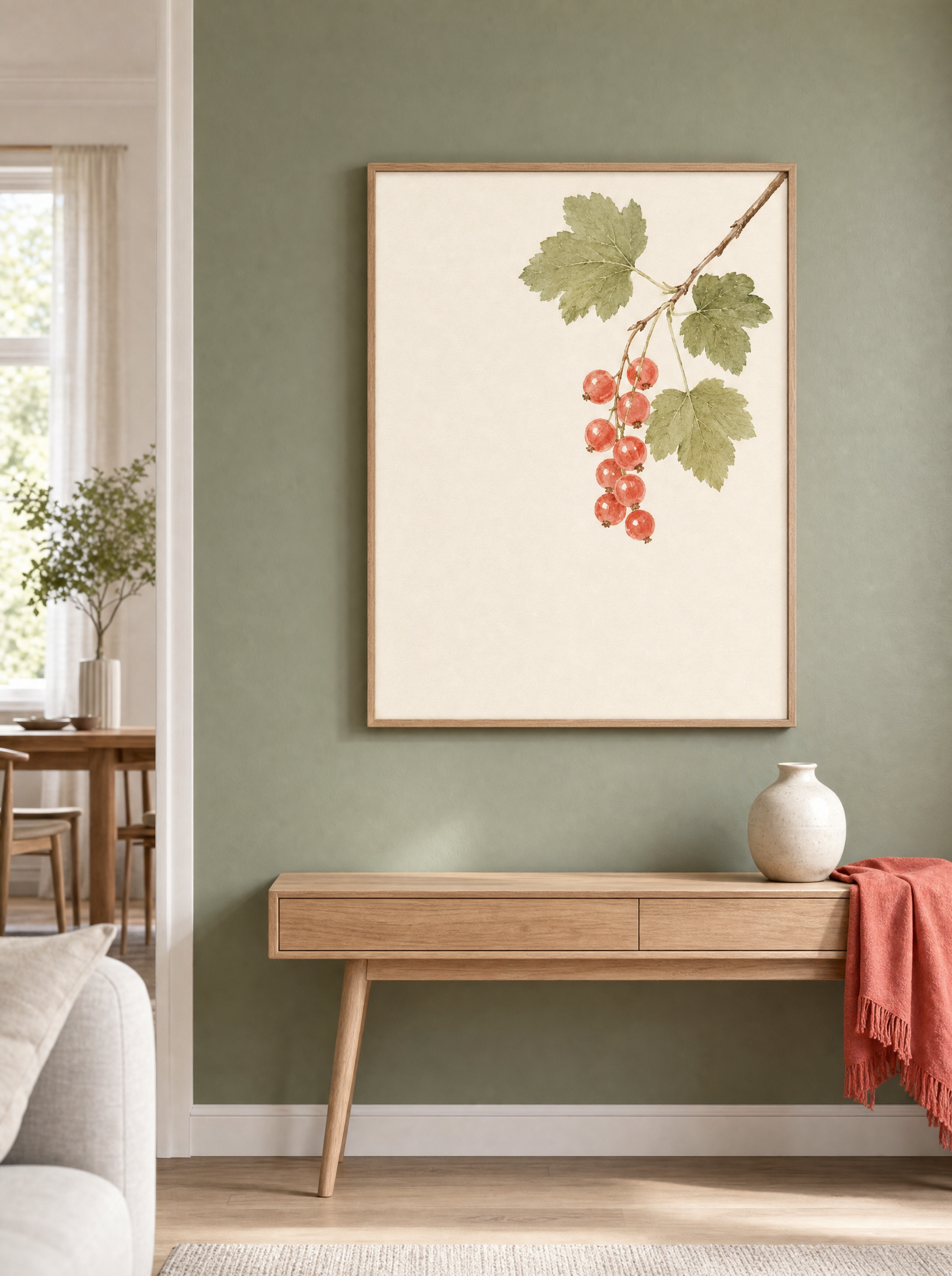 Röda Vinbär poster över konsolbord mot salviagrön vägg