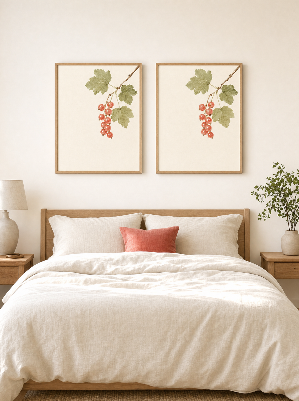 Röda Vinbär poster som par över sängen, visar skala