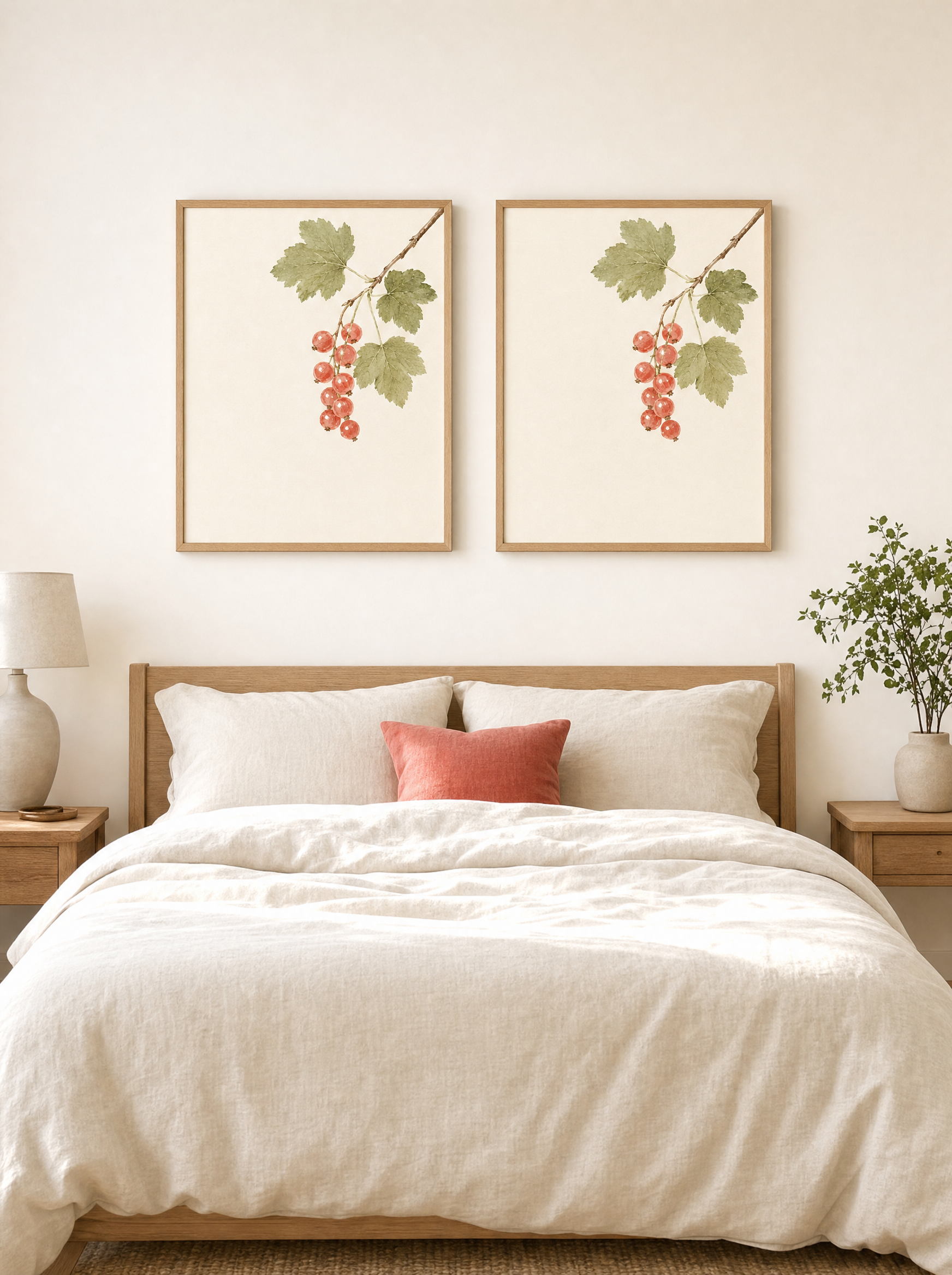 Röda Vinbär poster som par över sängen, visar skala