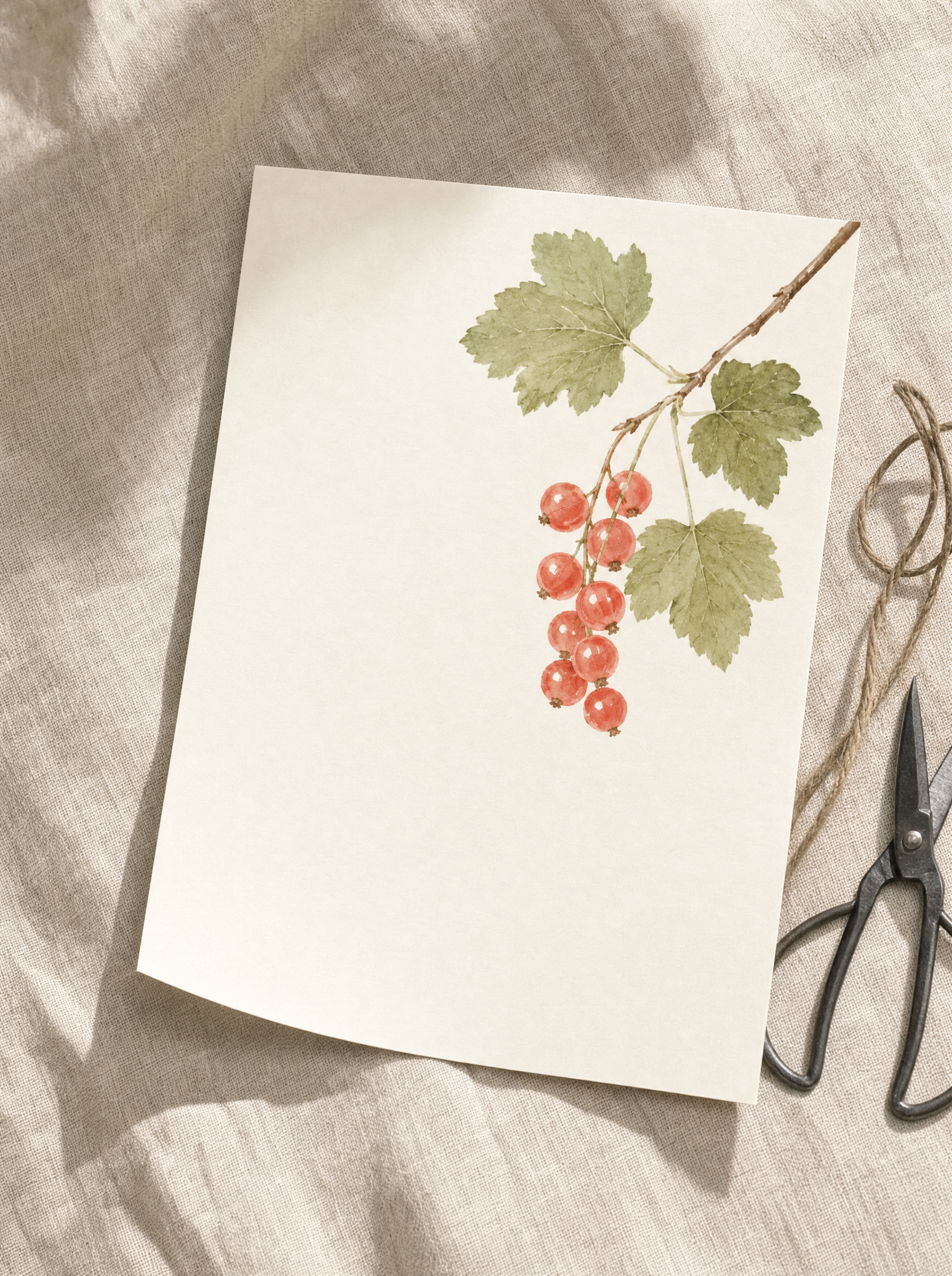 Röda Vinbär poster oramad på linne, flatlay