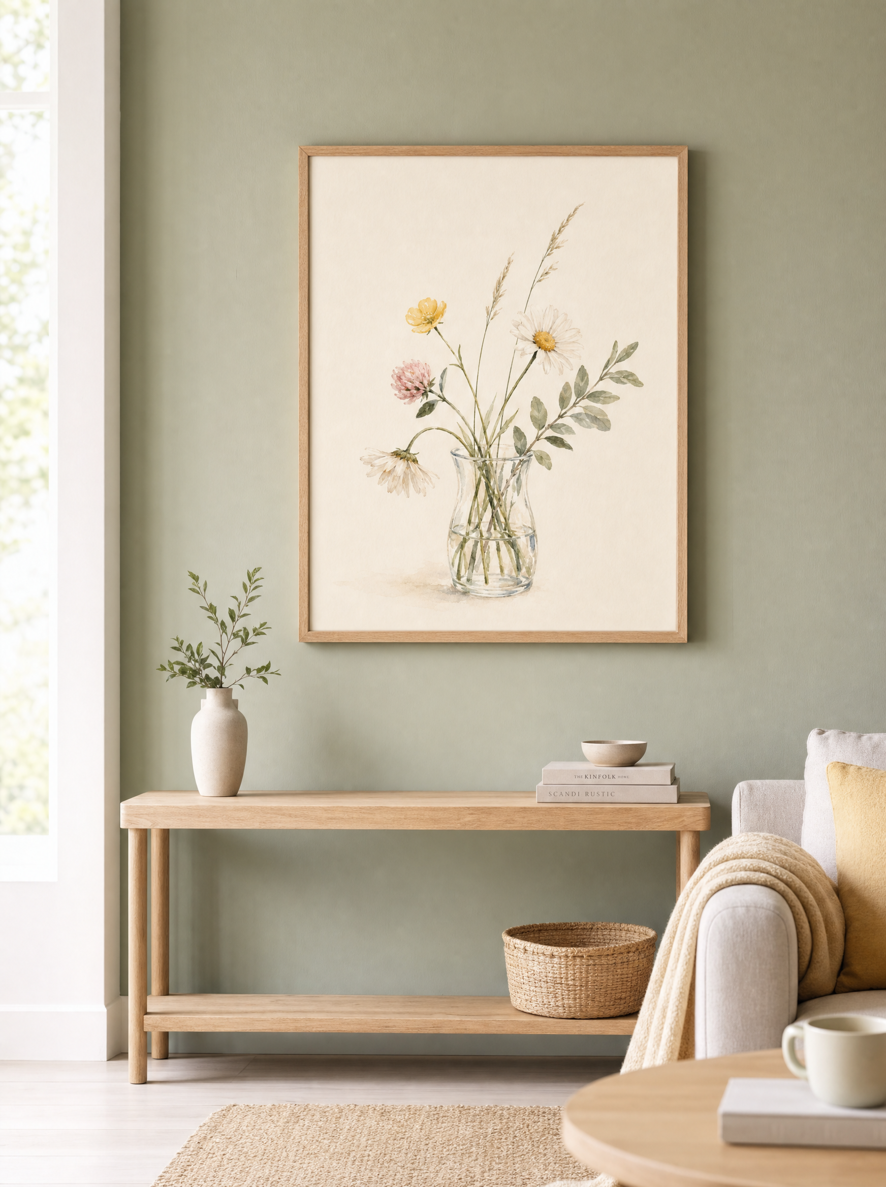 Ängsblommor i Vas poster över konsolbord mot salviavägg