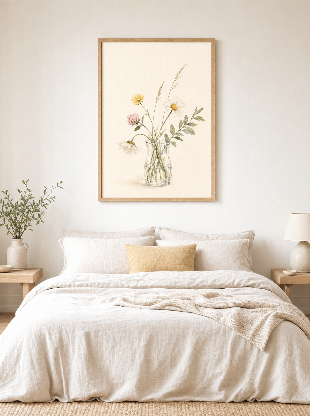 Ängsblommor i Vas poster centrerad över sängen, visar skala