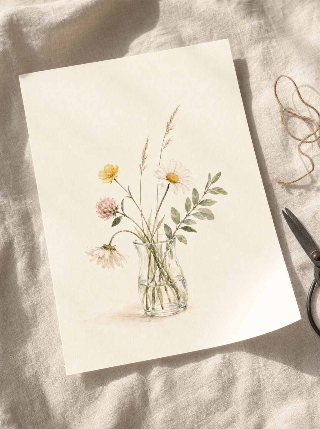 Ängsblommor i Vas poster oramad på linne, flatlay