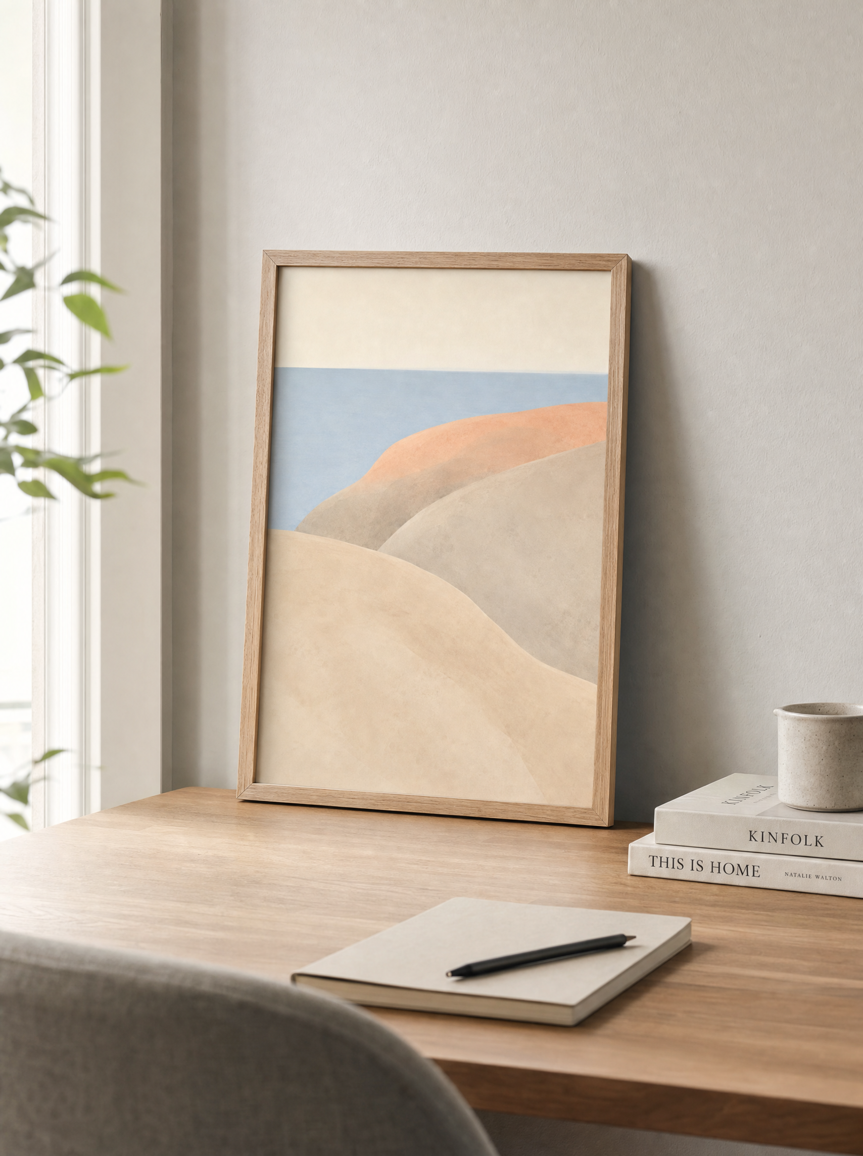 Abstrakt Kustlandskap poster i liten 30x40 på skrivbord