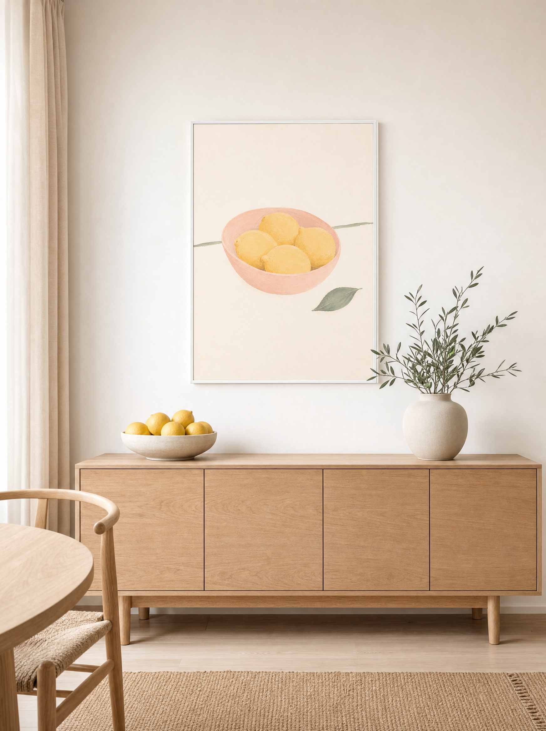 Citroner i Skål poster över sideboard i matvrå, visar skala