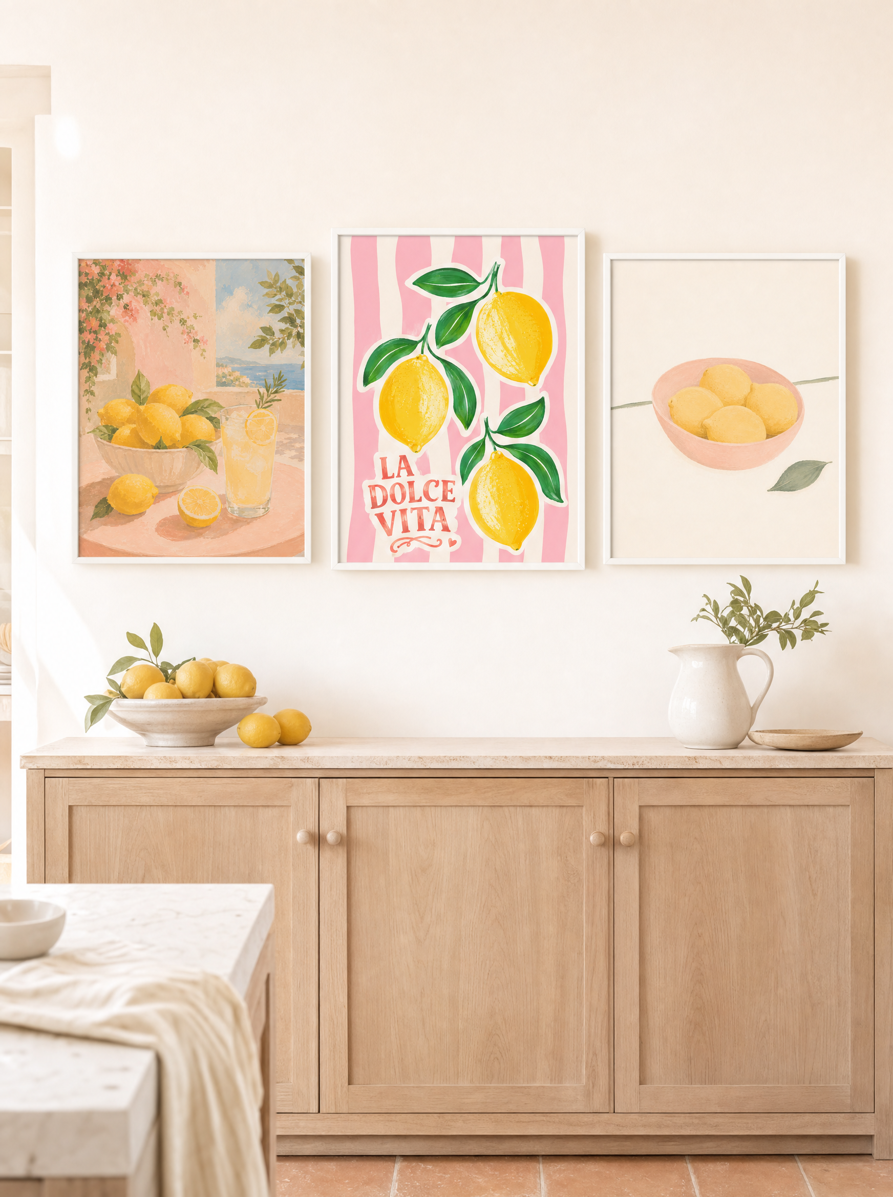 Tavelvägg Medelhav & Citron: La Dolce Vita, Citroner vid Medelhavet och Citroner i Skål