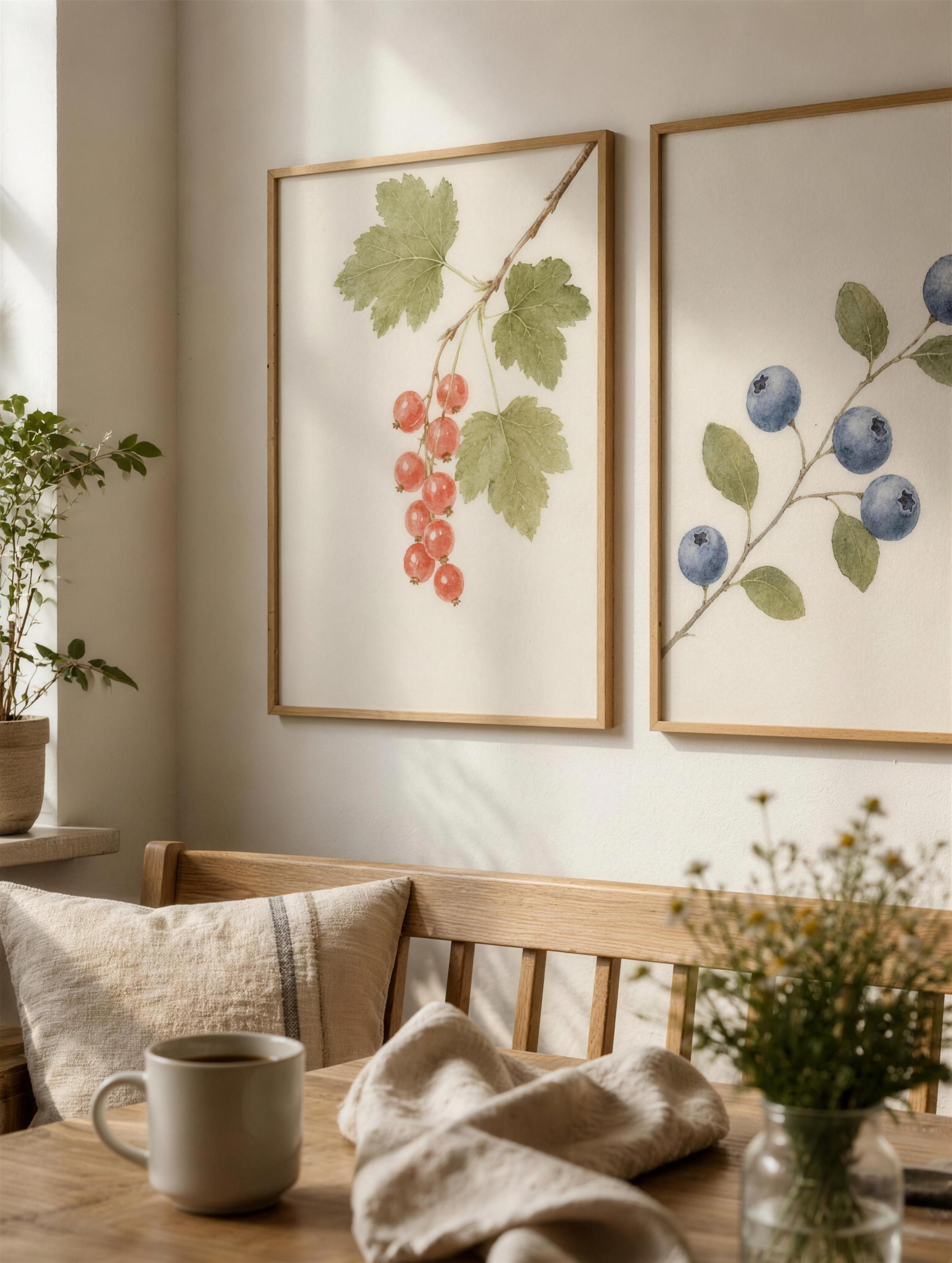 Matchat posterpar: Röda Vinbär och Blåbär i ekramar, kök – akvarell bärset