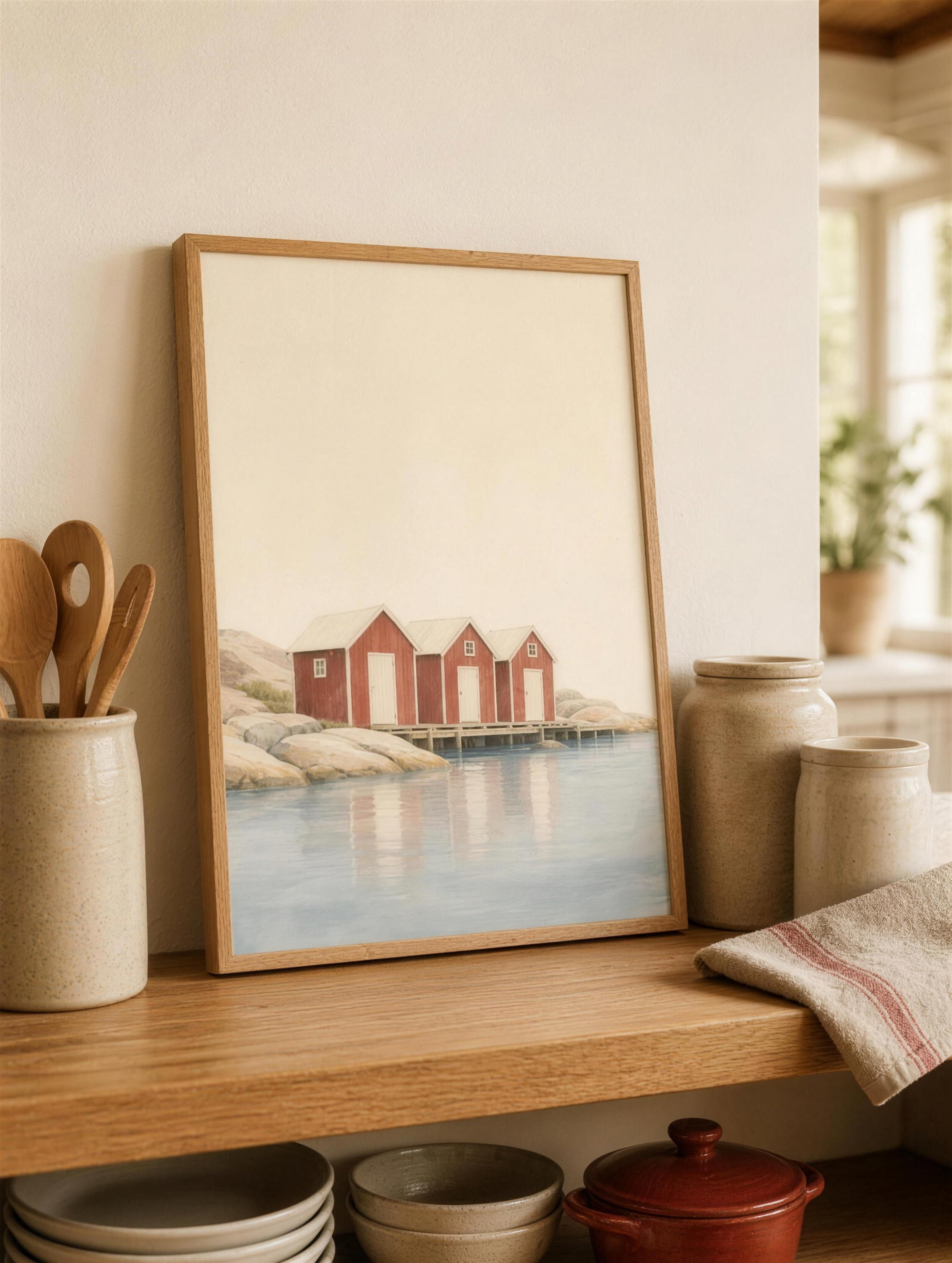 Liten 30x40 poster på kökshylla, visar litet format