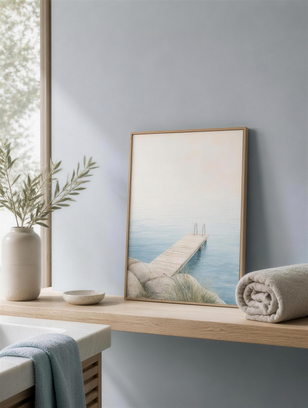 Liten 30x40 poster på badrumshylla, visar litet format
