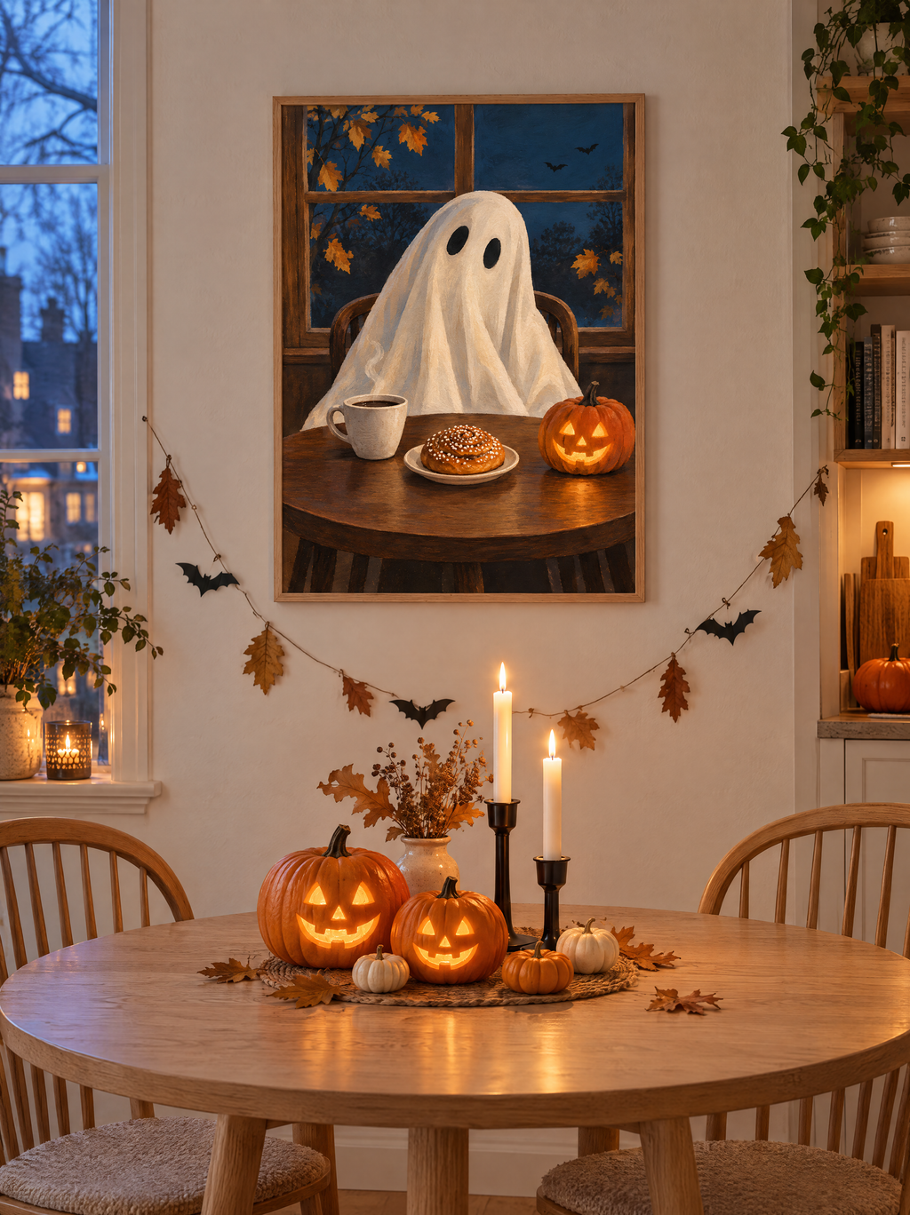 Spökfika-postern i ekram i halloweenpyntat kök