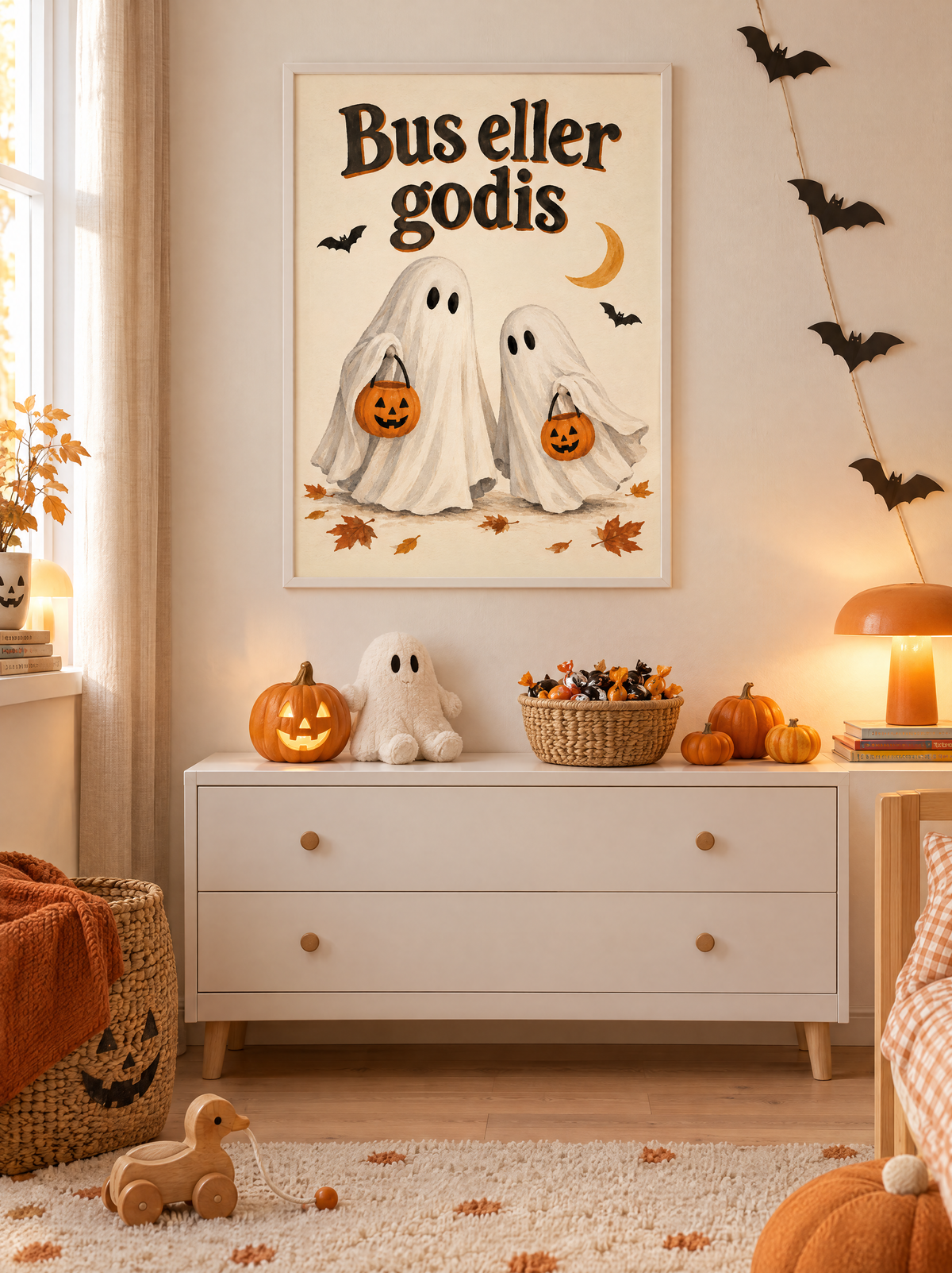 Bus eller Godis-postern i vit ram i halloweenpyntat barnrum
