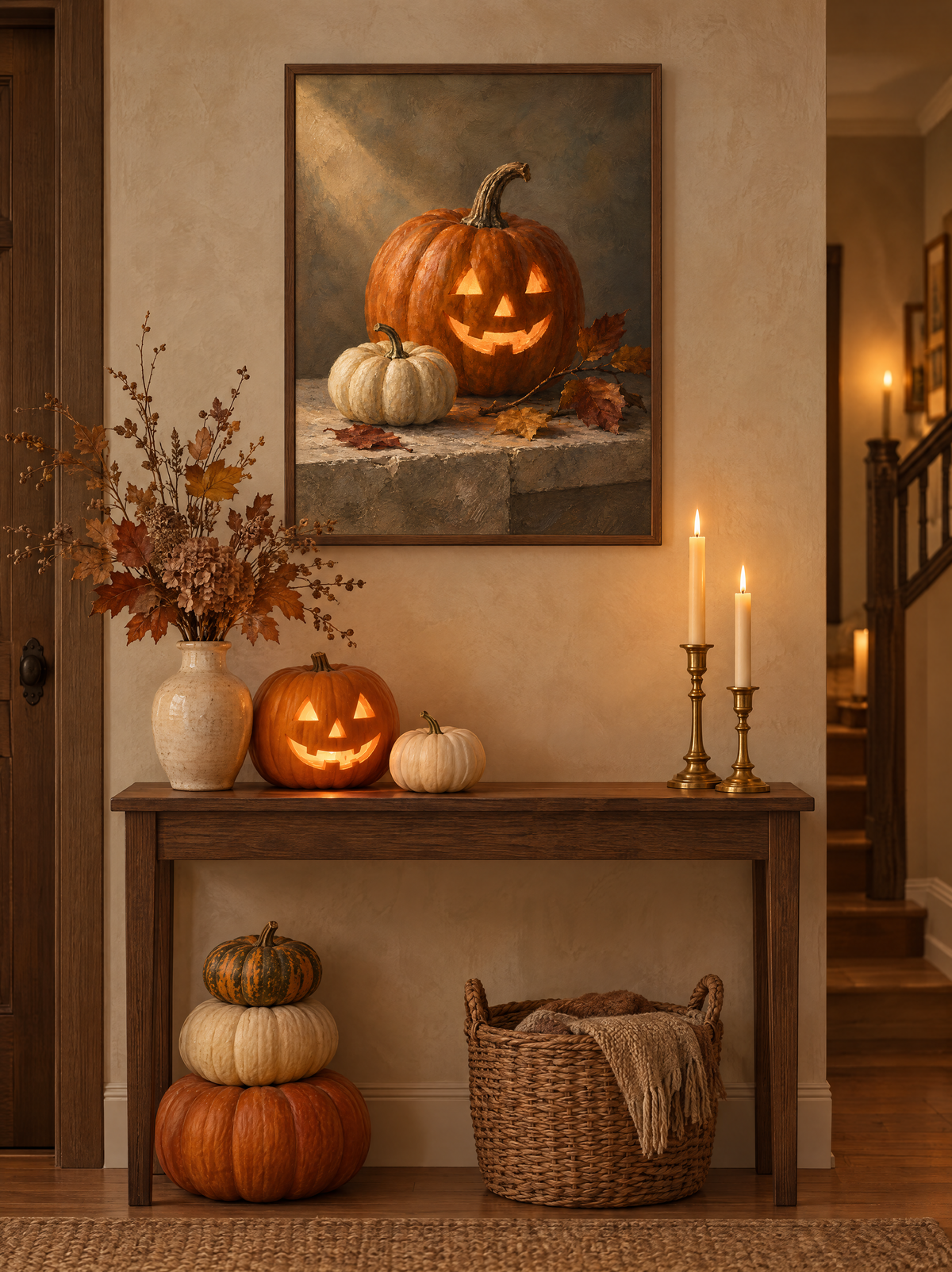 Pumpastilleben-postern i mörk ekram i halloweenpyntad hall