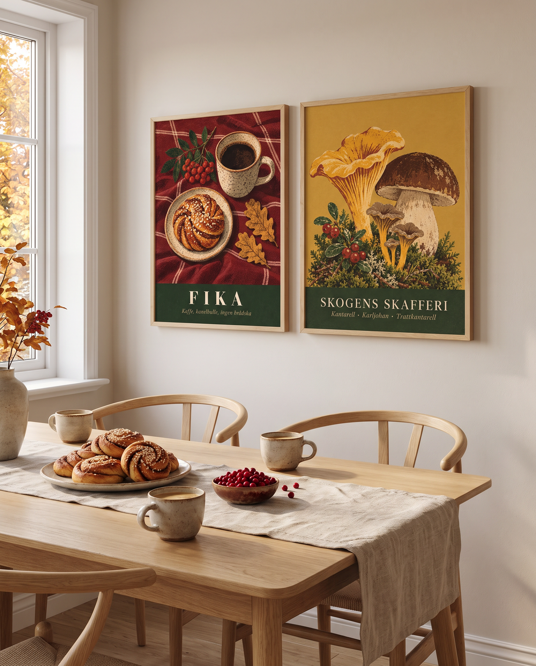 Posterna Fika och Skogens Skafferi i ekramar ovanför ett matbord med kanelbullar
