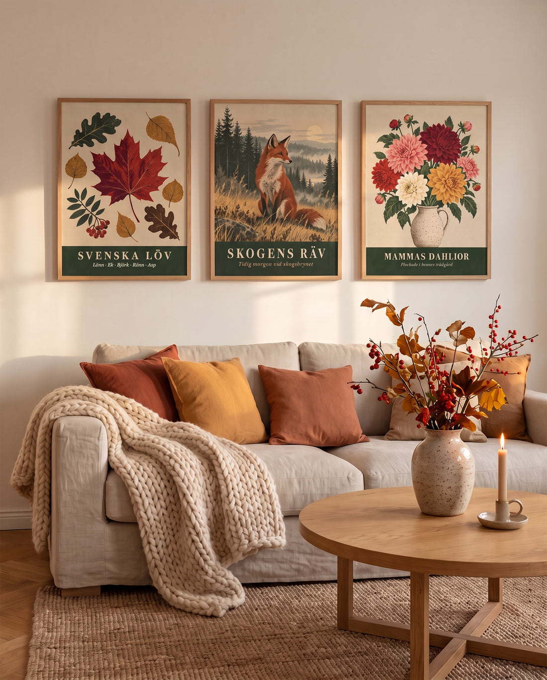 Galleri med posterna Svenska Löv, Skogens Räv och Mammas Dahlior ovanför en soffa