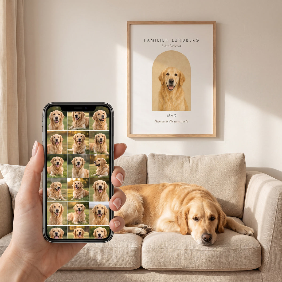 Mobil med många bilder på hunden, hunden ligger i soffan under en husdjurstavla