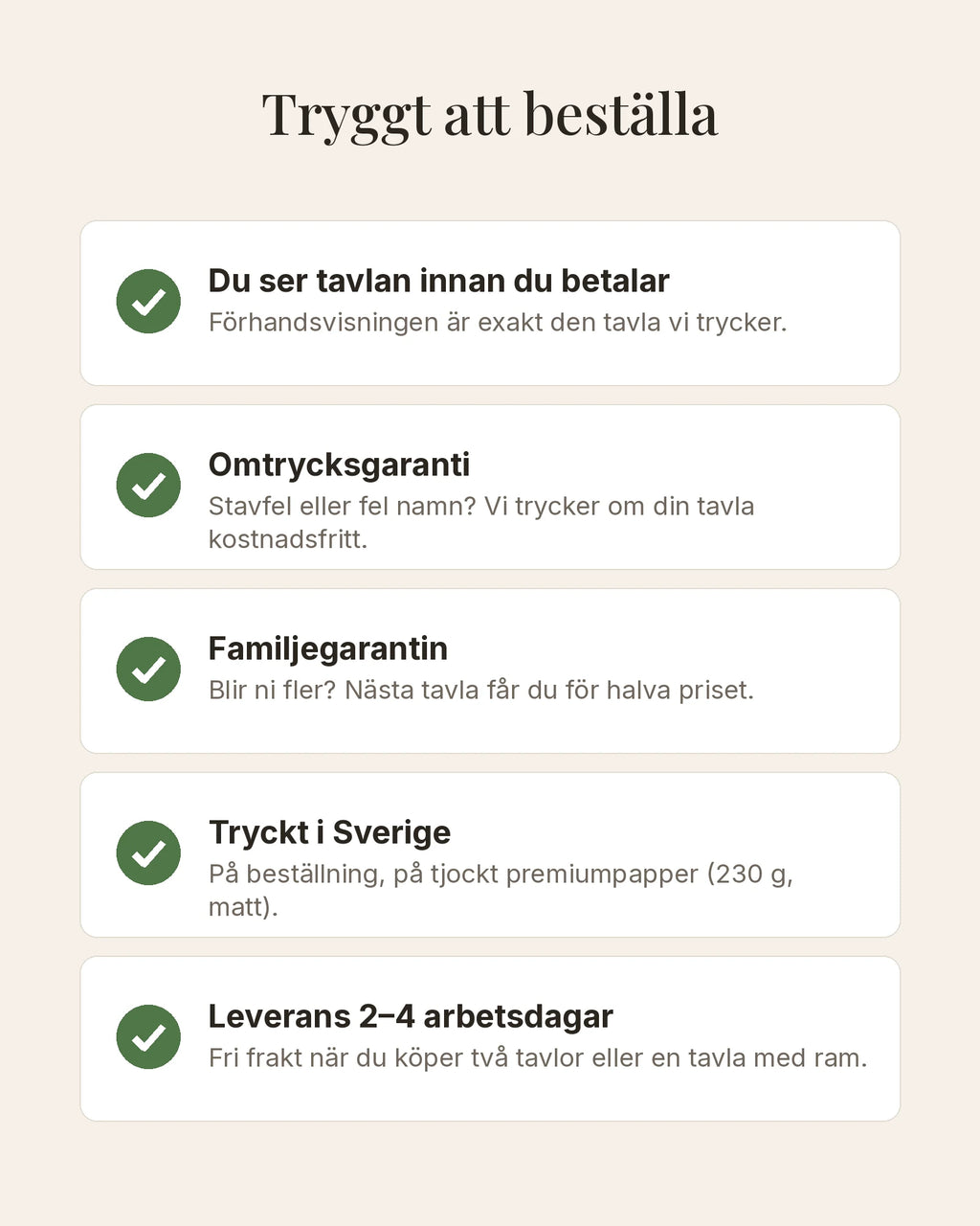 Omtrycksgaranti, familjegaranti, tryckt i Sverige och leverans 2–4 arbetsdagar