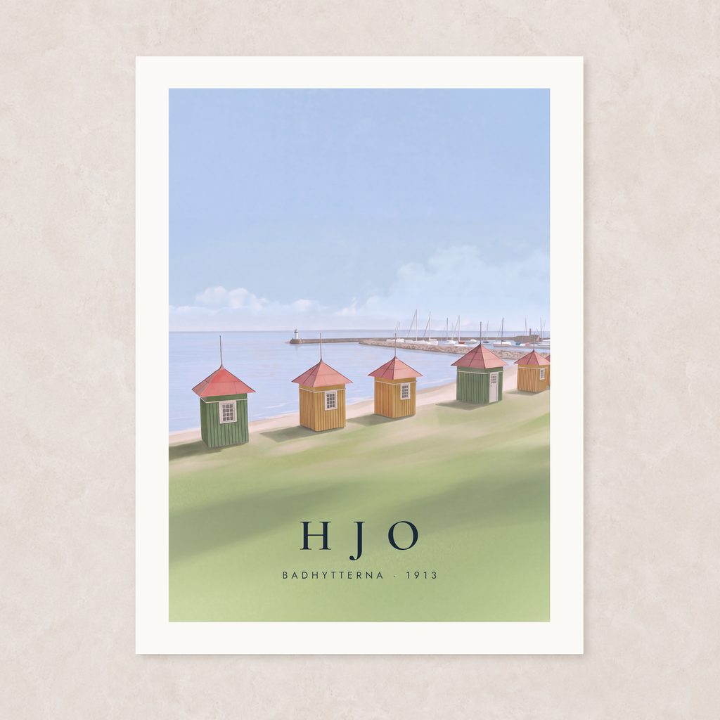 Poster med badhytterna i Hjo vid Vättern, med vit kant