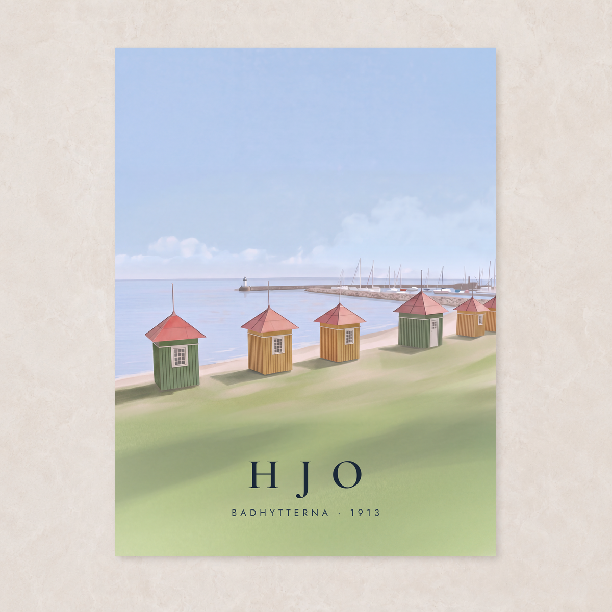 Poster med badhytterna i Hjo vid Vättern, utan kant