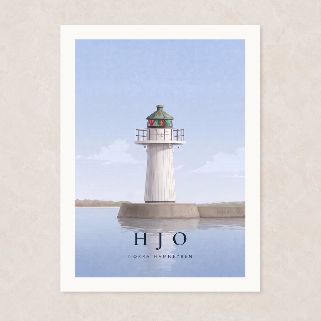 Poster med hamnfyren i Hjo vid Vättern, med vit kant