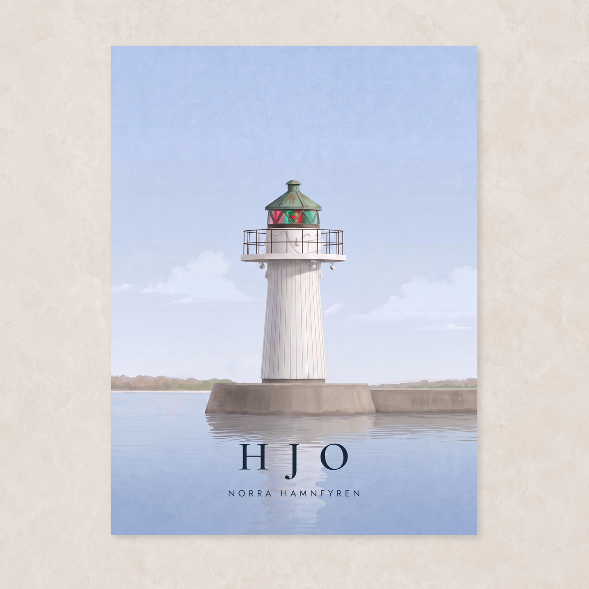 Poster med hamnfyren i Hjo vid Vättern, utan kant