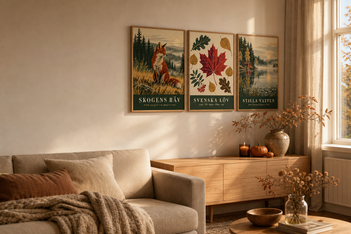 Tre höstposters i ljus ekram i ett varmt vardagsrum